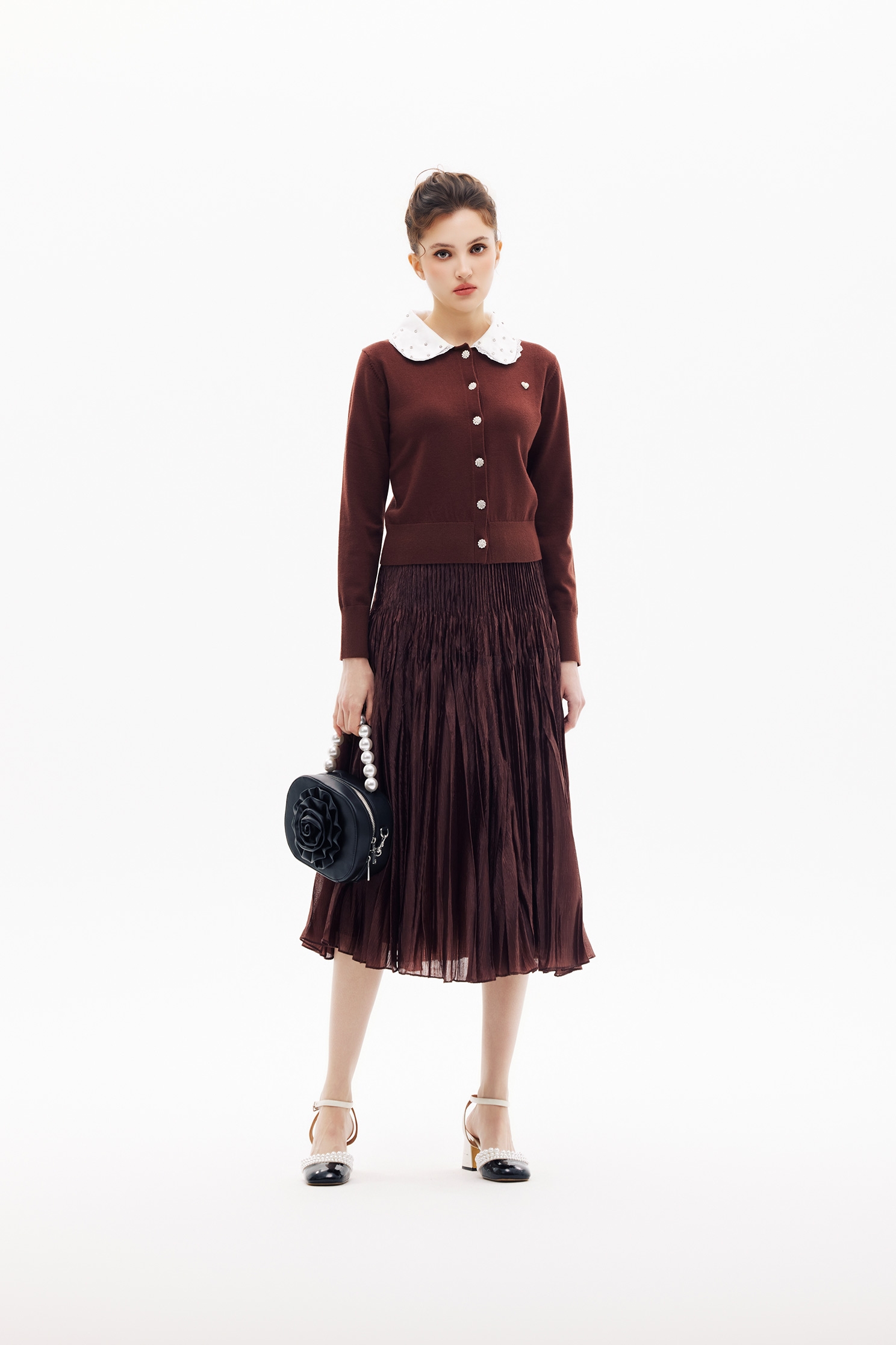 Contrast Peter Pan Collar Mahagony Knit CardiganContrast Peter Pan Collar Mahagony Knit Cardigan,Jackets,Outerwear,Season (SS) Look,Lace,Knitted,Knitted coats