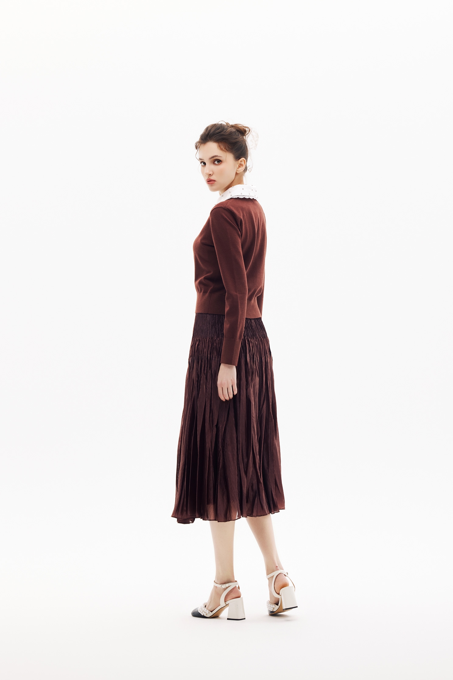 Contrast Peter Pan Collar Mahagony Knit CardiganContrast Peter Pan Collar Mahagony Knit Cardigan,Jackets,Outerwear,Season (SS) Look,Lace,Knitted,Knitted coats