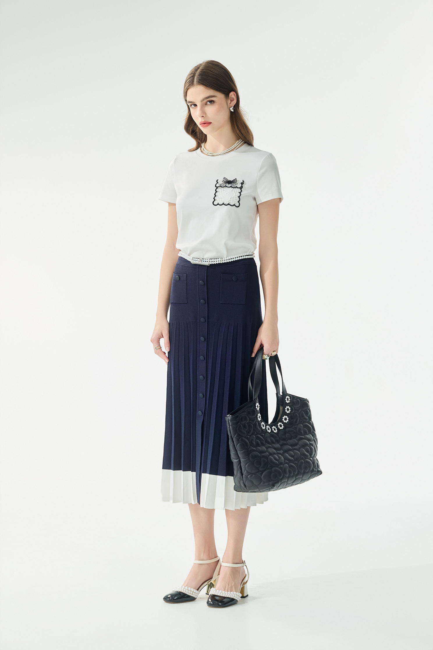 Pleated Navy Knit SkirtPleated Navy Knit Skirt,Season (SS) Look,Knitted