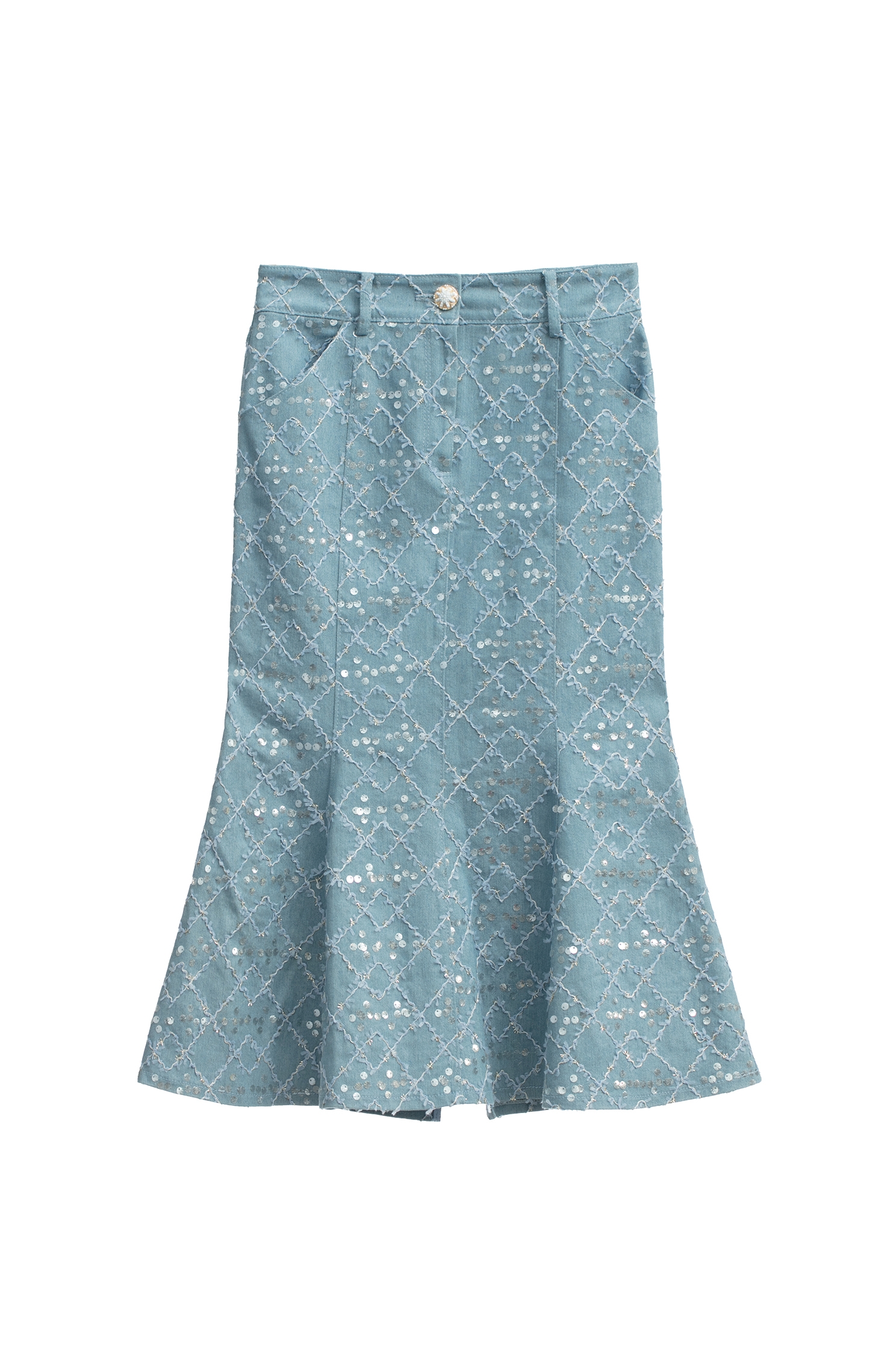 Sequin Fishtail Denim SkirtSequin Fishtail Denim Skirt,Embroidered,Season (SS) Look,Denim,Denim skirts