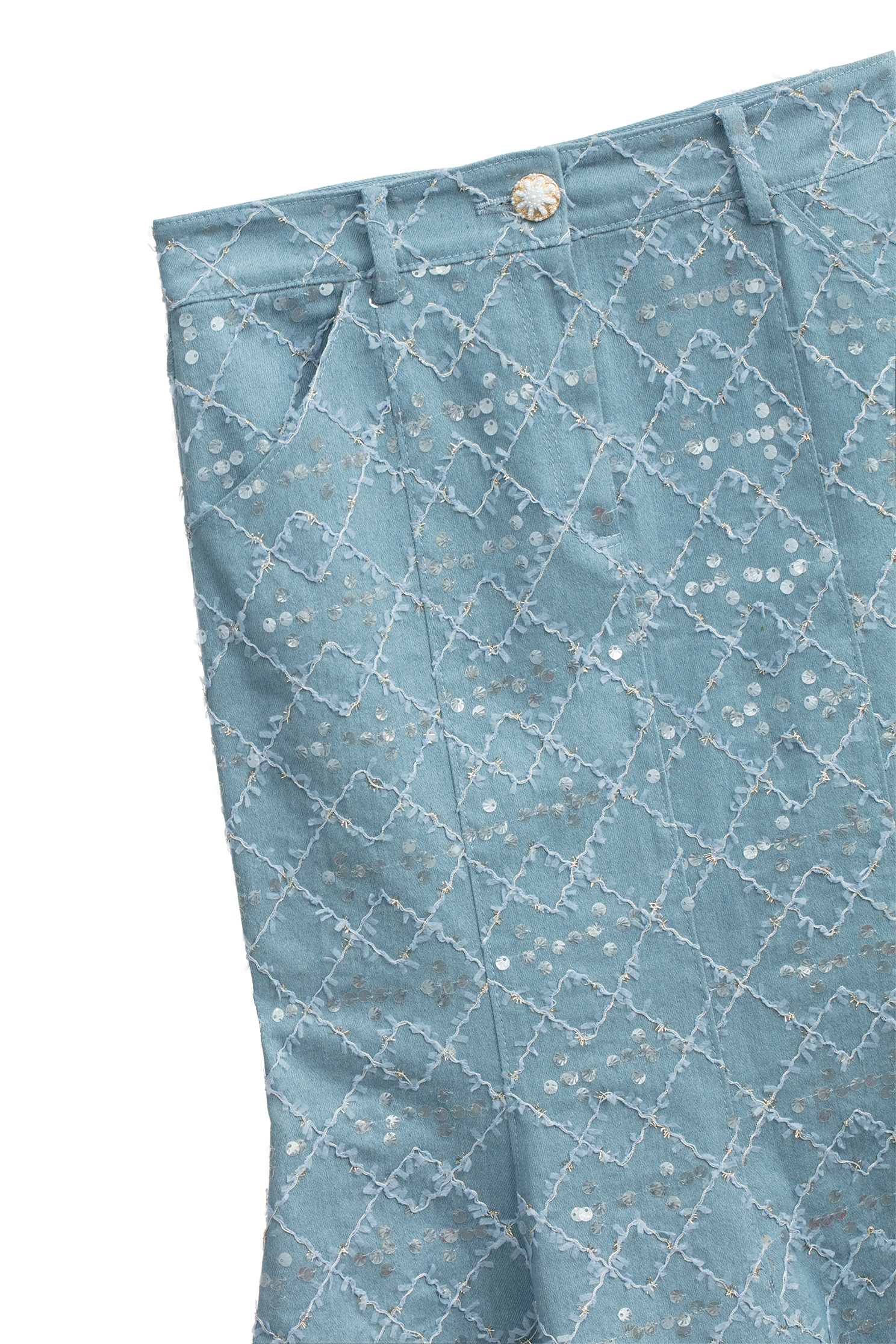 Sequin Fishtail Denim SkirtSequin Fishtail Denim Skirt,Embroidered,Season (SS) Look,Denim,Denim skirts