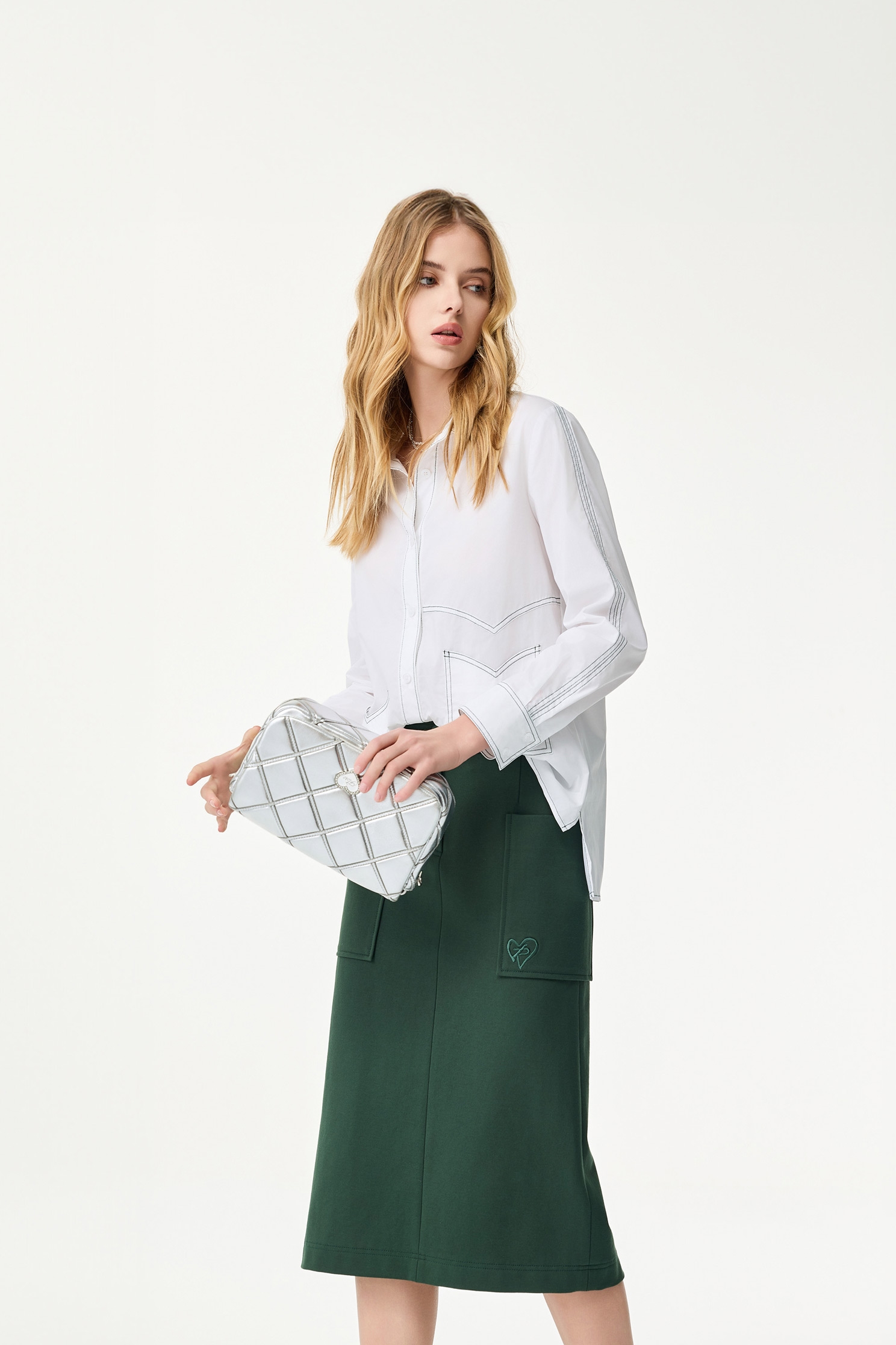 Patch Pockets Green Pencil SkirtPatch Pockets Green Pencil Skirt,Office Looks,Season (SS) Look,Embroidered,Urban Fashion,Midi skirts