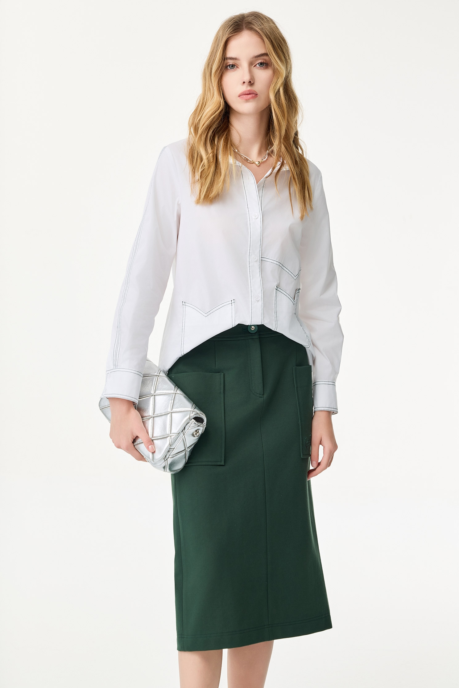 Patch Pockets Green Pencil SkirtPatch Pockets Green Pencil Skirt,Office Looks,Season (SS) Look,Embroidered,Urban Fashion,Midi skirts