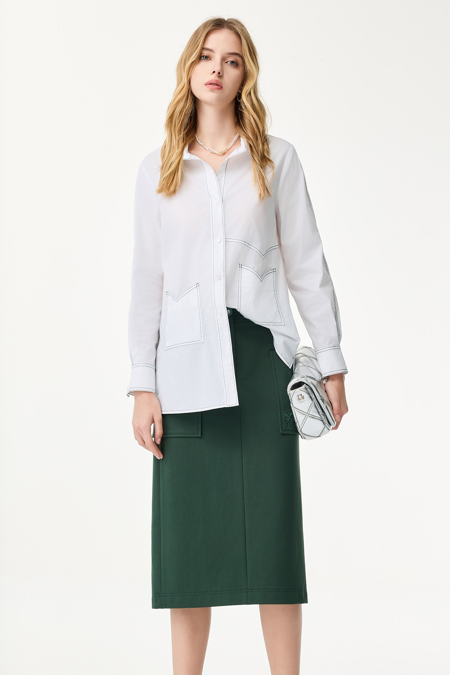 Patch Pockets Green Pencil SkirtPatch Pockets Green Pencil Skirt,Office Looks,Season (SS) Look,Embroidered,Urban Fashion,Midi skirts