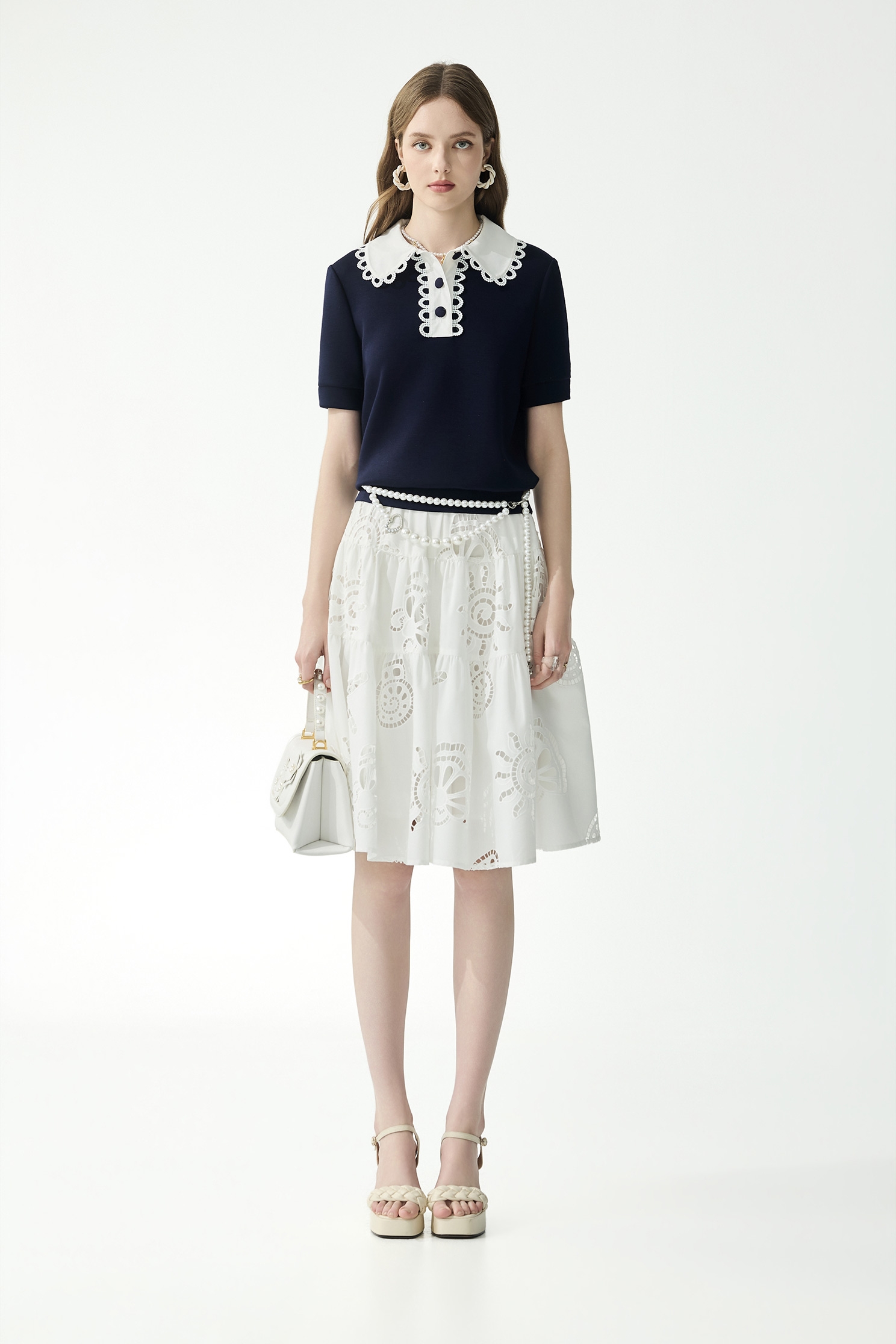 Hollow Out Embroidery Marine Motif Midi SkirtHollow Out Embroidery Motif Deil Midi Skirt,Embroidered,Season (SS) Look,White skirts,Midi skirts