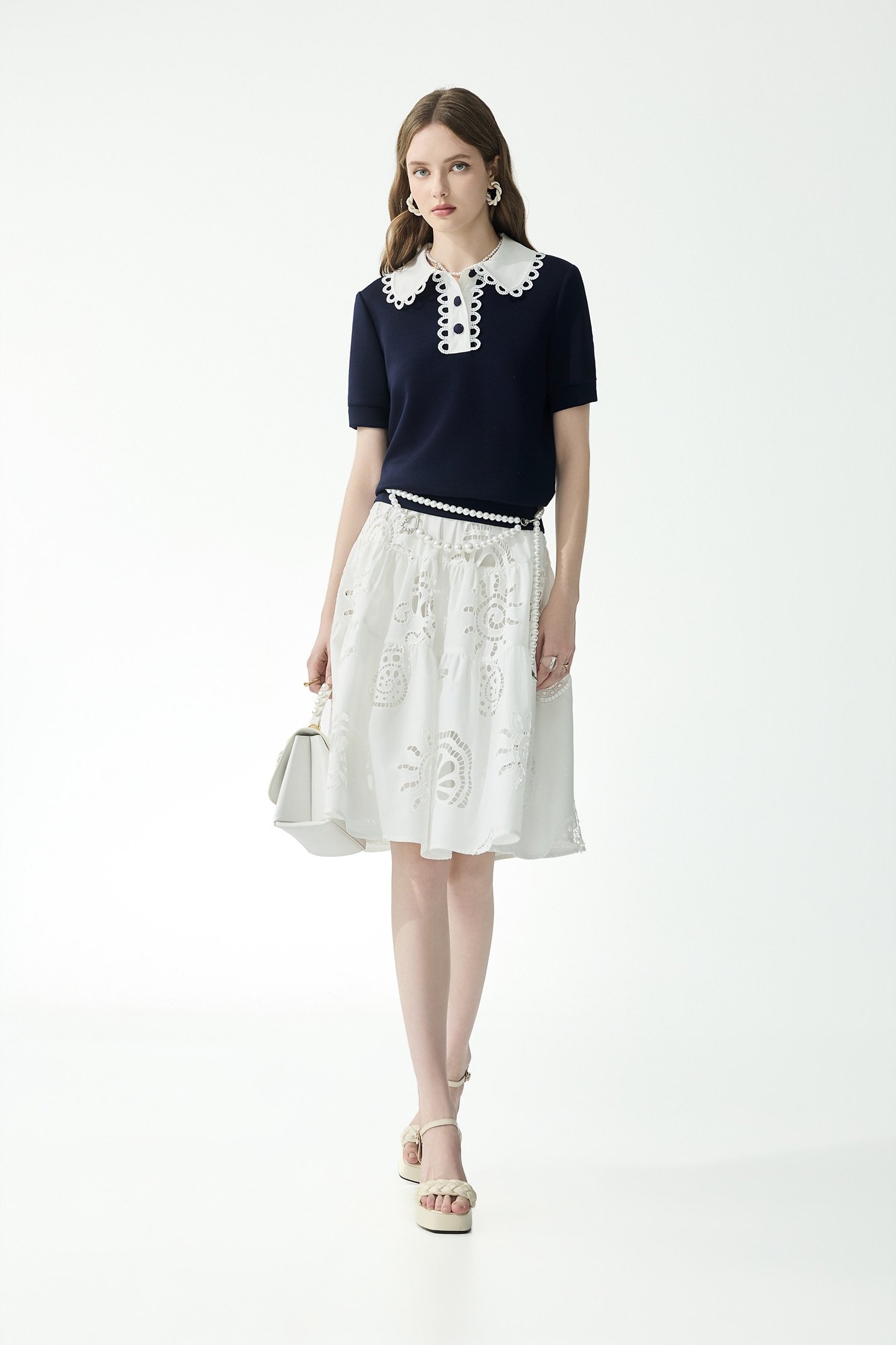 Hollow Out Embroidery Marine Motif Midi SkirtHollow Out Embroidery Motif Deil Midi Skirt,Embroidered,Season (SS) Look,White skirts,Midi skirts