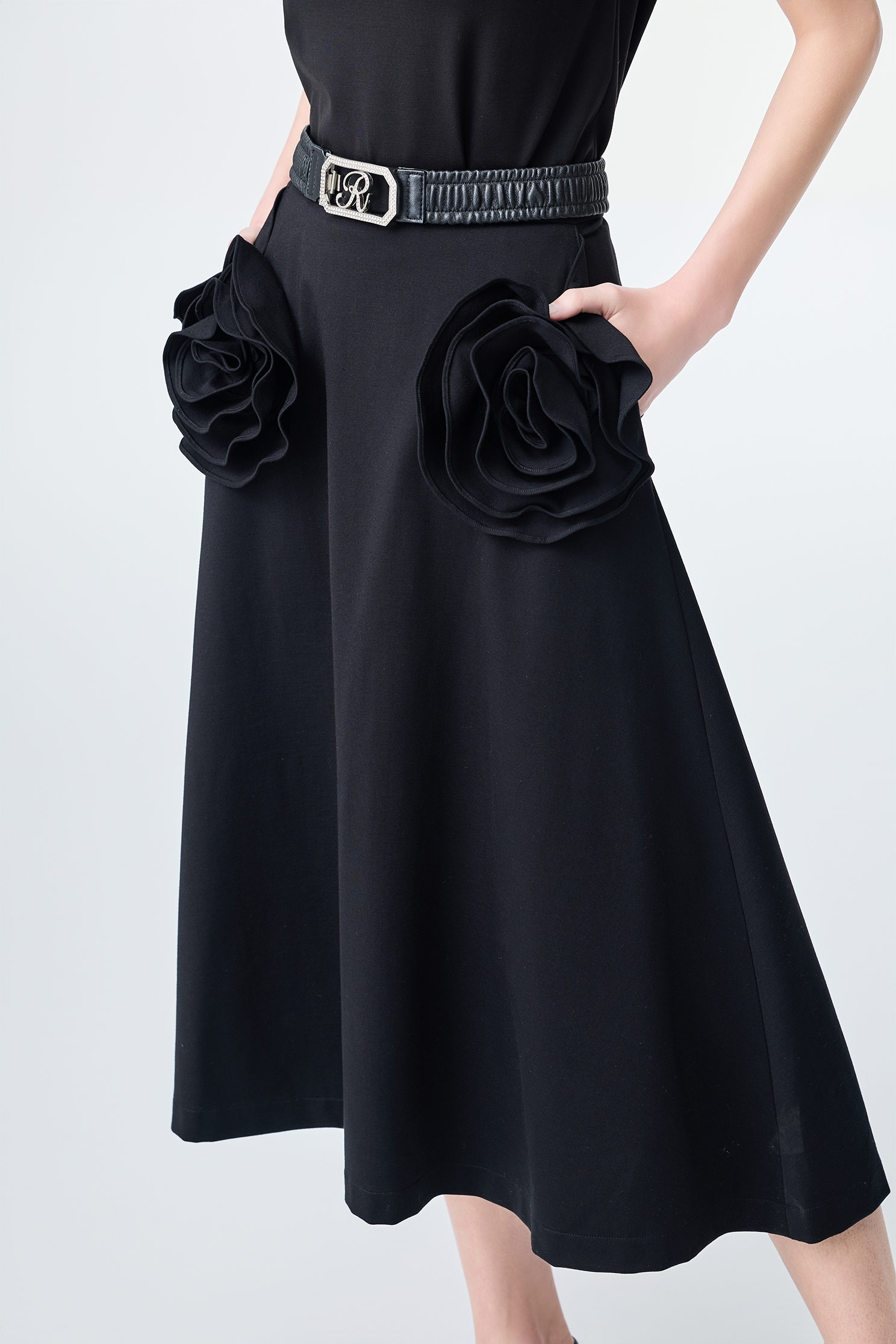3-D Rose Detail Midi Skirt,Season (SS) Look,co-ord sets,Back To Classic,blossoms,Midi skirts,Back To B/W,Black skirts