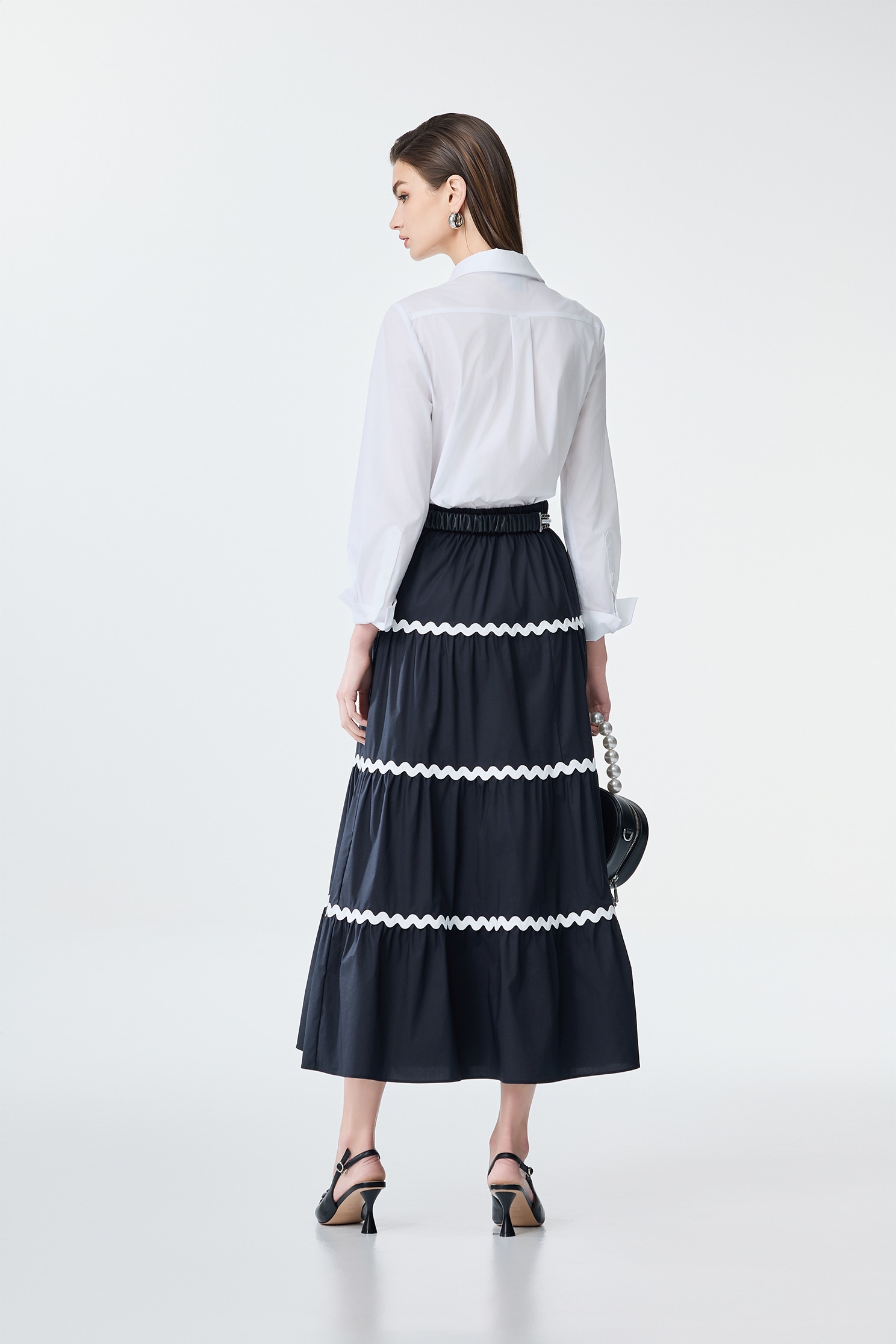 Contrast Trim Detail Tiered Skirt,Office Looks,Season (SS) Look,Back To Classic,Midi skirts,Back To B/W,Black skirts