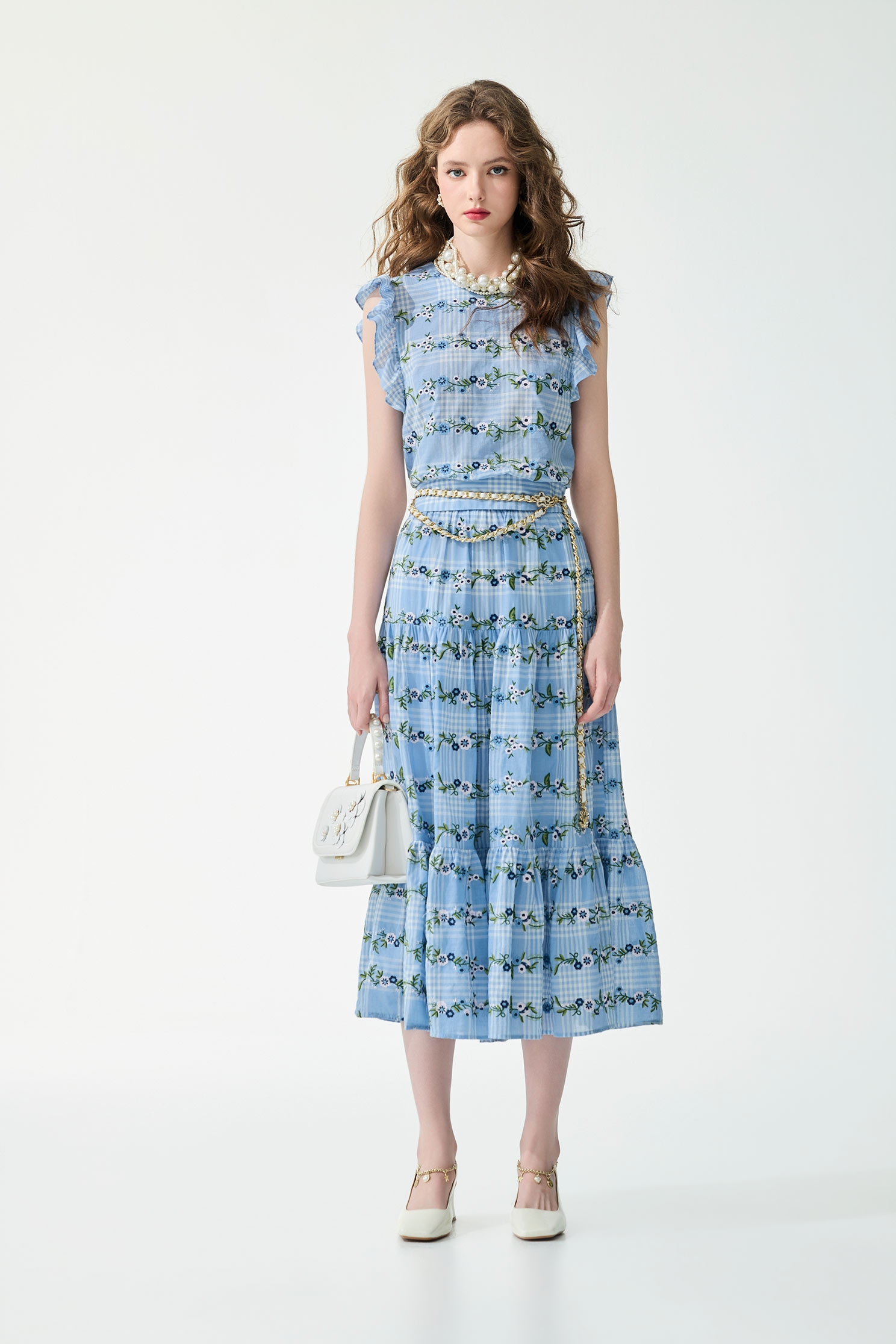 Floral Embroidery Checkered SkirtFloral Embroidery Checkered Skirt,Embroidered,Season (SS) Look,Plaid,Embroidered,Midi skirts