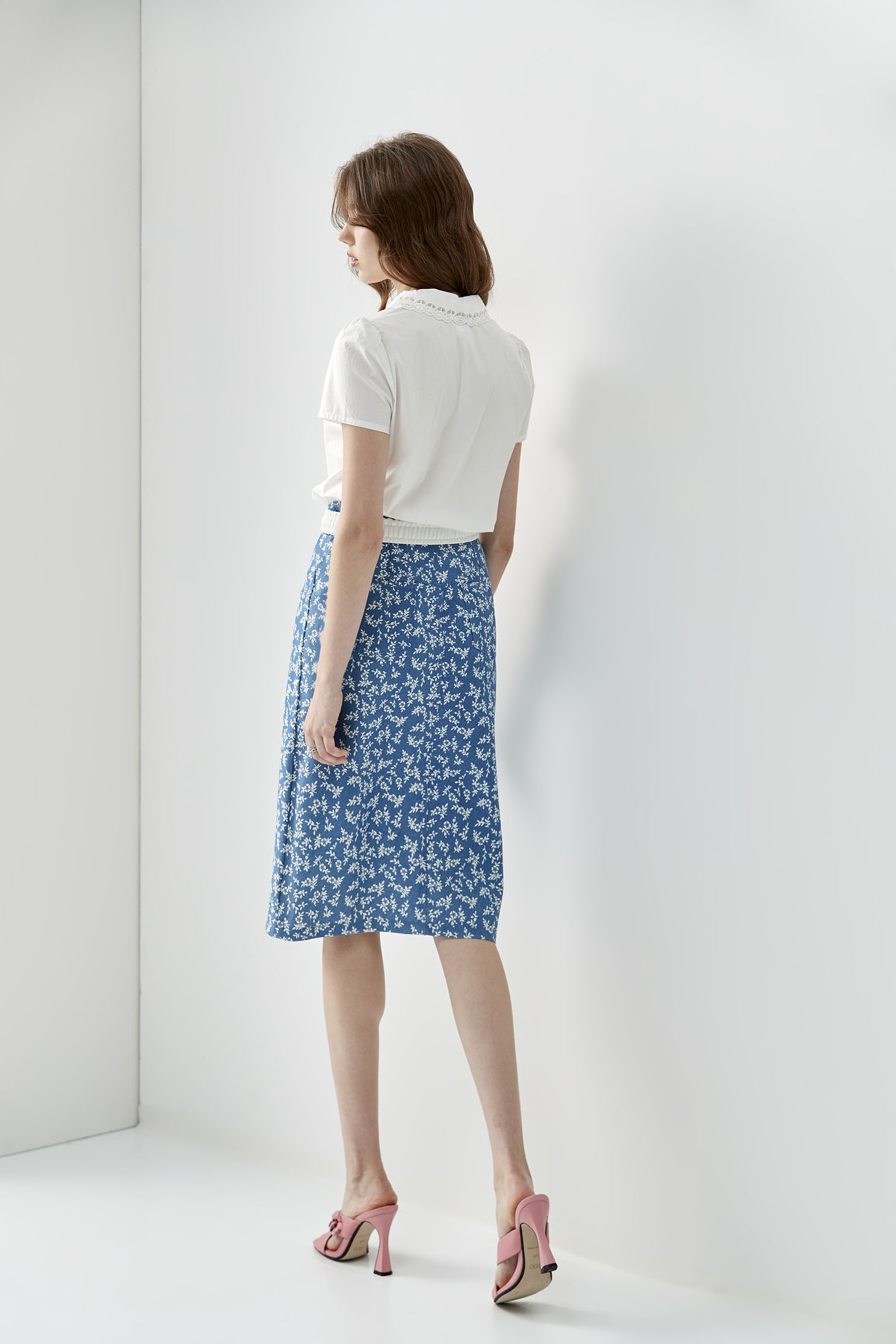 Coral Reef Print Front Slit SkirtIsland style denim-like midi skirt,Season (SS) Look,mothergift,Denim,blossoms,Midi skirts