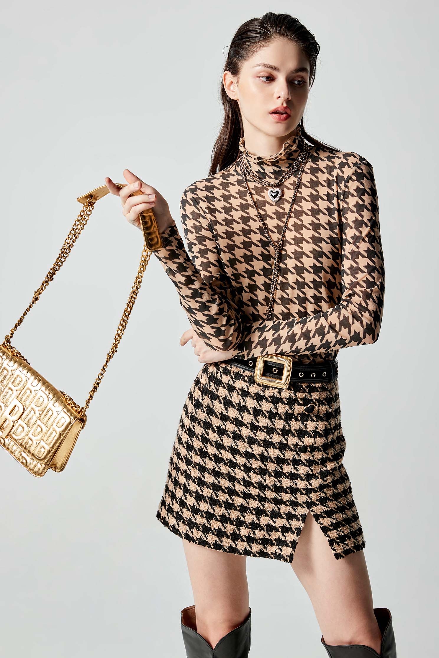 Houndstooth Print Tweed SkirtHoundstooth Print Tweed Skirt,Mini skirts