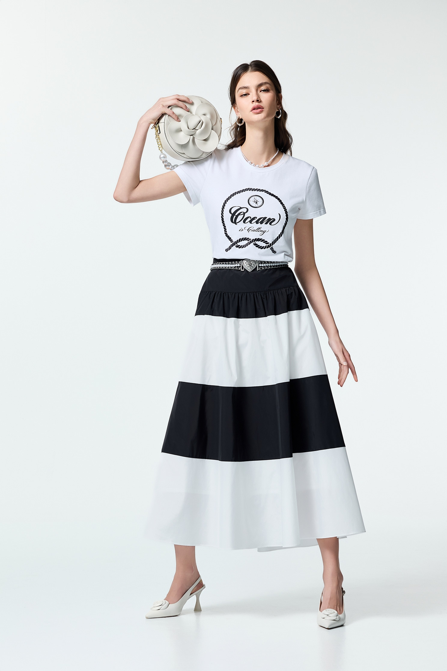Black White Contrast Taffeta SkirtBlack White Contrast Taffeta Skirt,Season (SS) Look,White skirts,Back To Classic,Midi skirts,Back To B/W