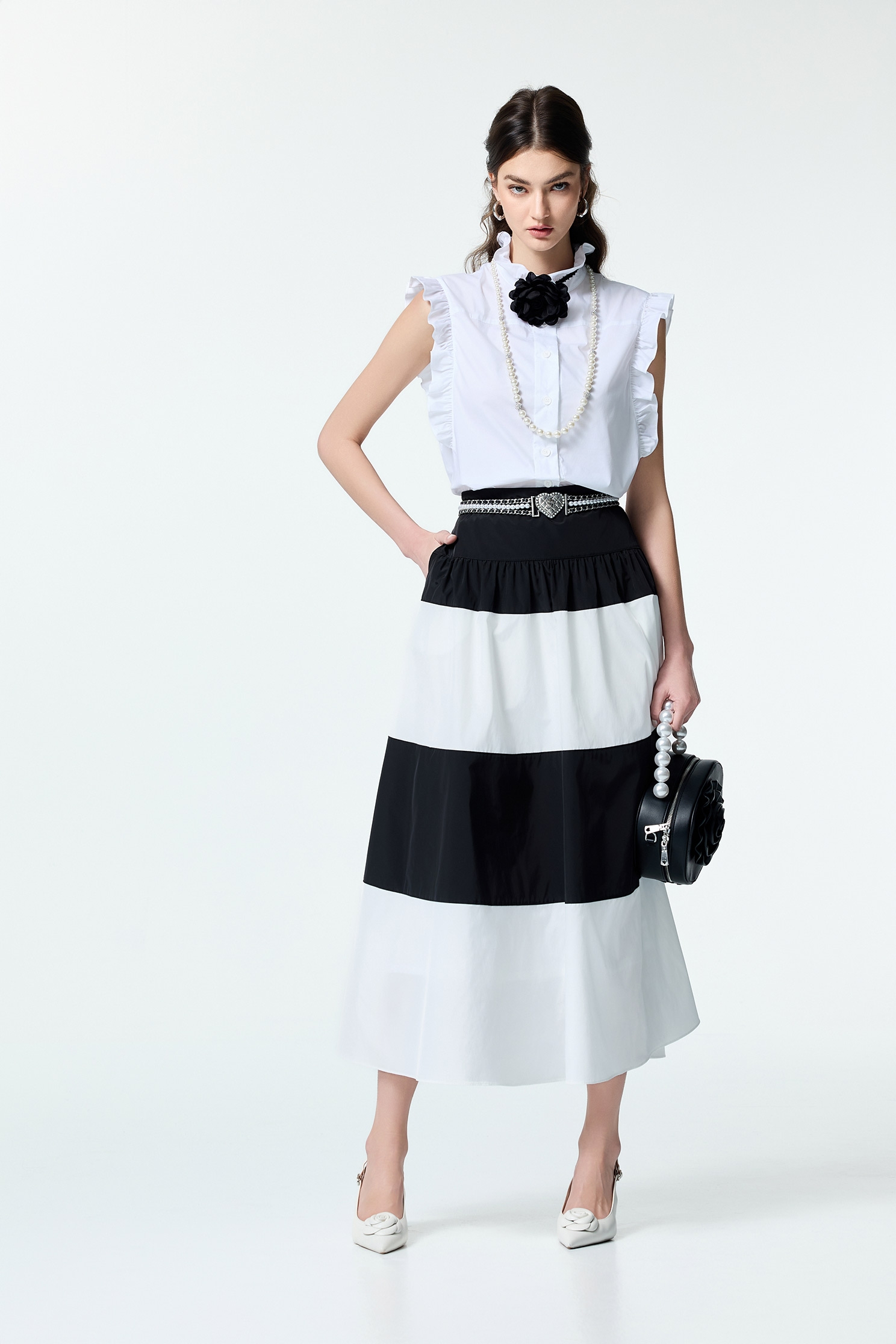 Black White Contrast Taffeta SkirtBlack White Contrast Taffeta Skirt,Season (SS) Look,White skirts,Back To Classic,Midi skirts,Back To B/W