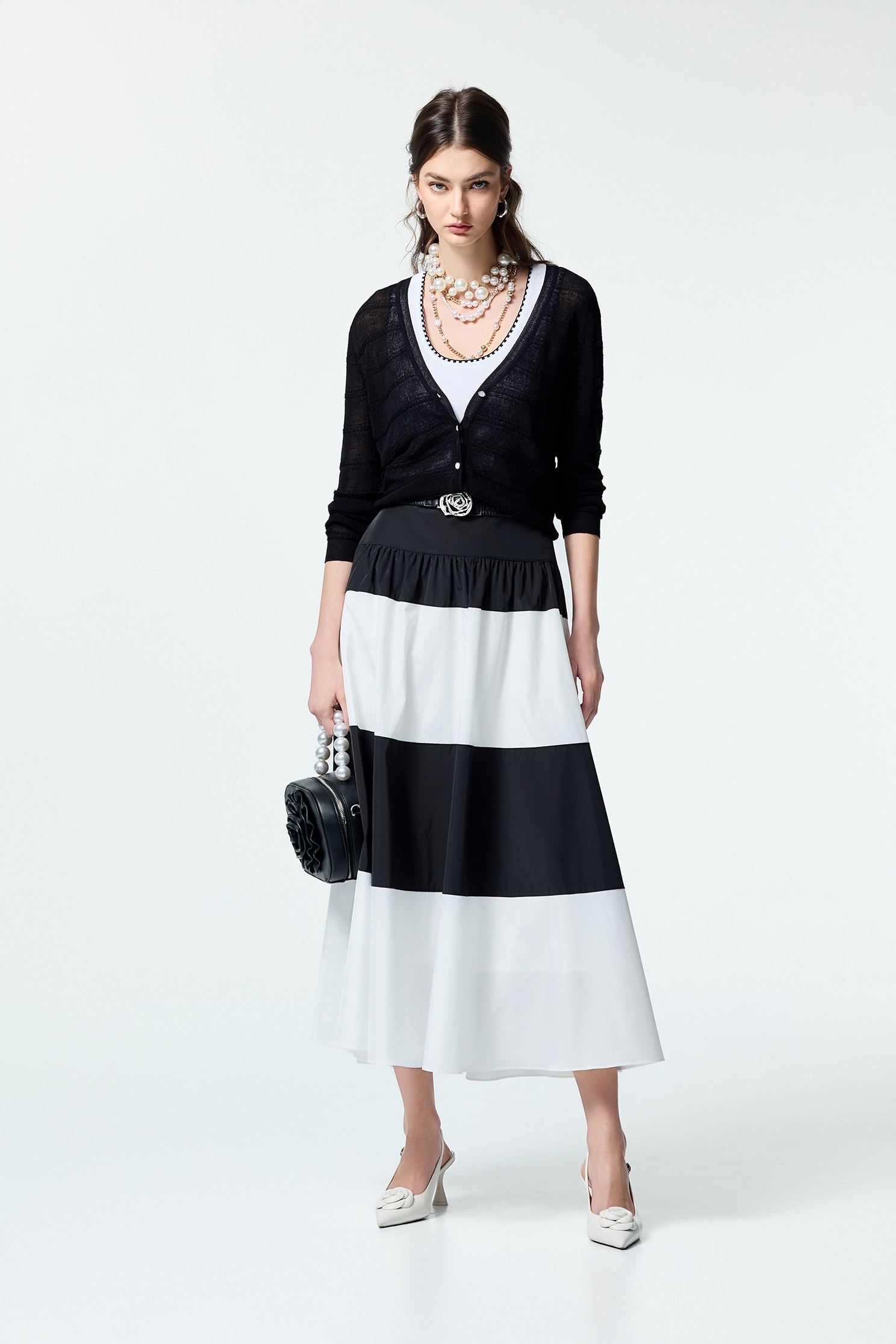 Black White Contrast Taffeta SkirtBlack White Contrast Taffeta Skirt,Season (SS) Look,White skirts,Back To Classic,Midi skirts,Back To B/W