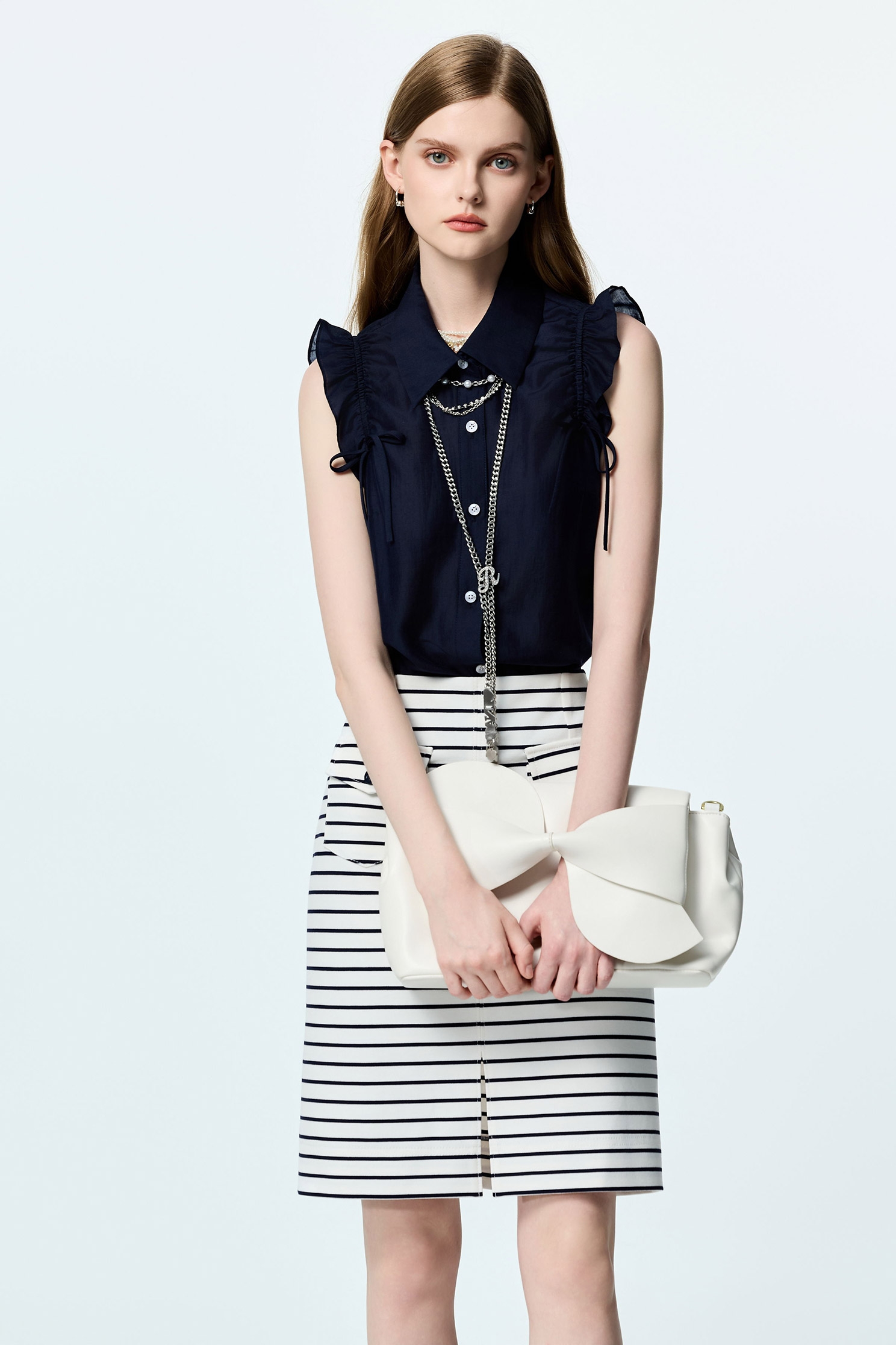 Front Slit Navy Stripe SkirtFront Slit Navy Stripe Skirt,Season (SS) Look,Stripe,Pencil skirts,Urban Fashion