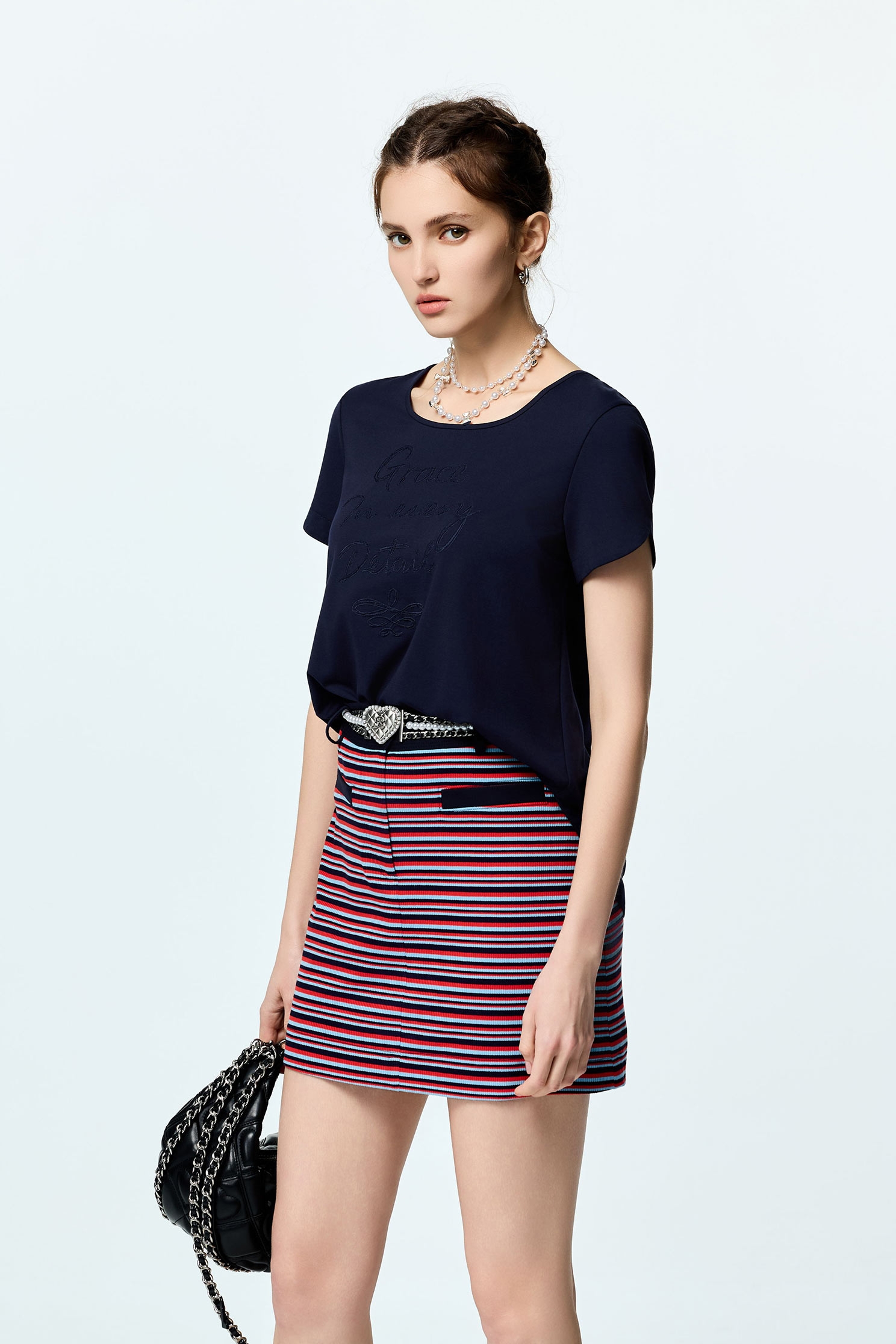 Multi Stripe Navy Contrast SkirtMulti Stripe Navy Contrast Skirt,Season (SS) Look,Mini skirts,Urban Fashion