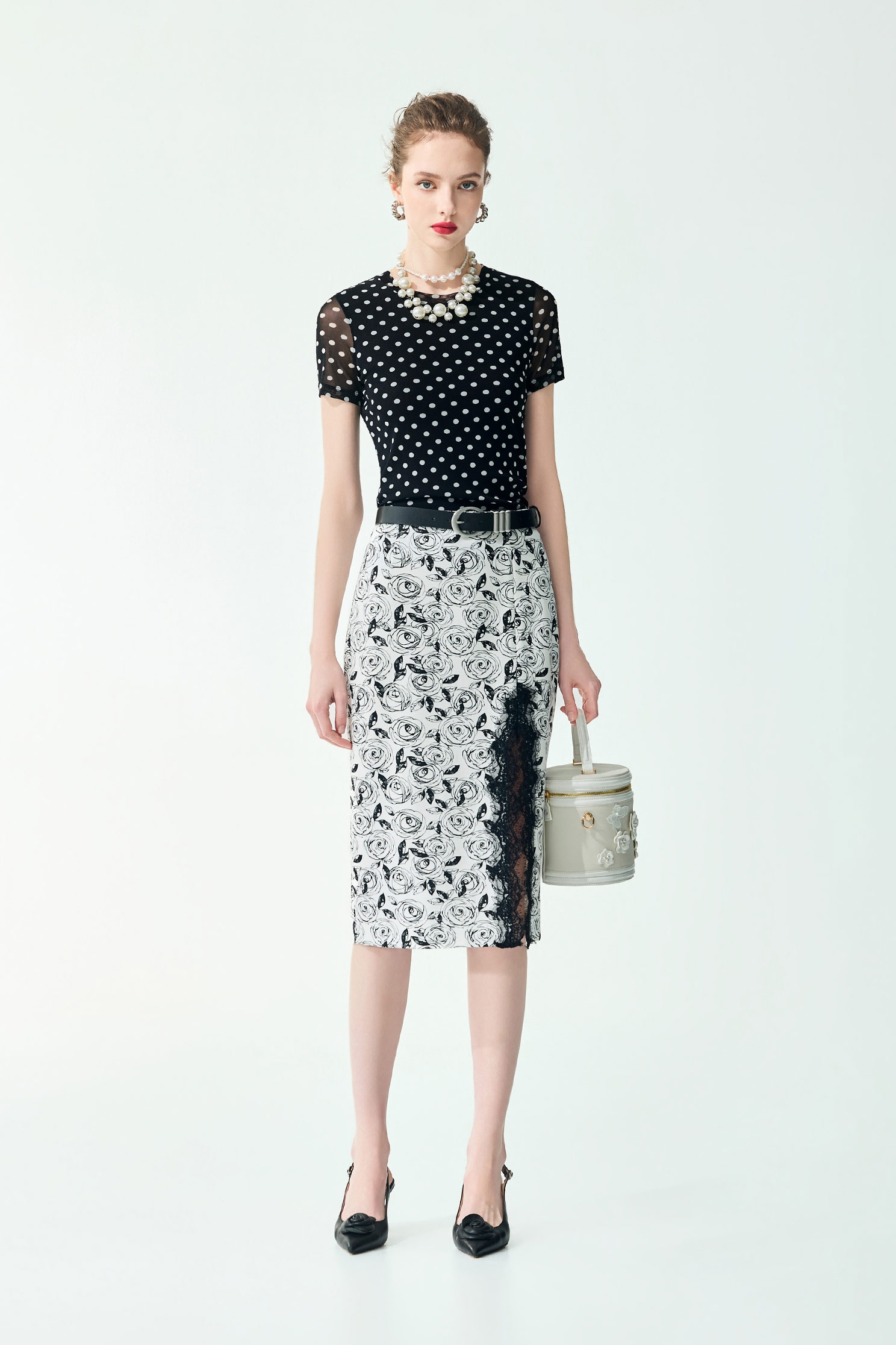 Rose Print Lace Detail Pencil SkirtRose Print Lace Detail Pencil Skirt,Season (SS) Look,Lace,Midi skirts