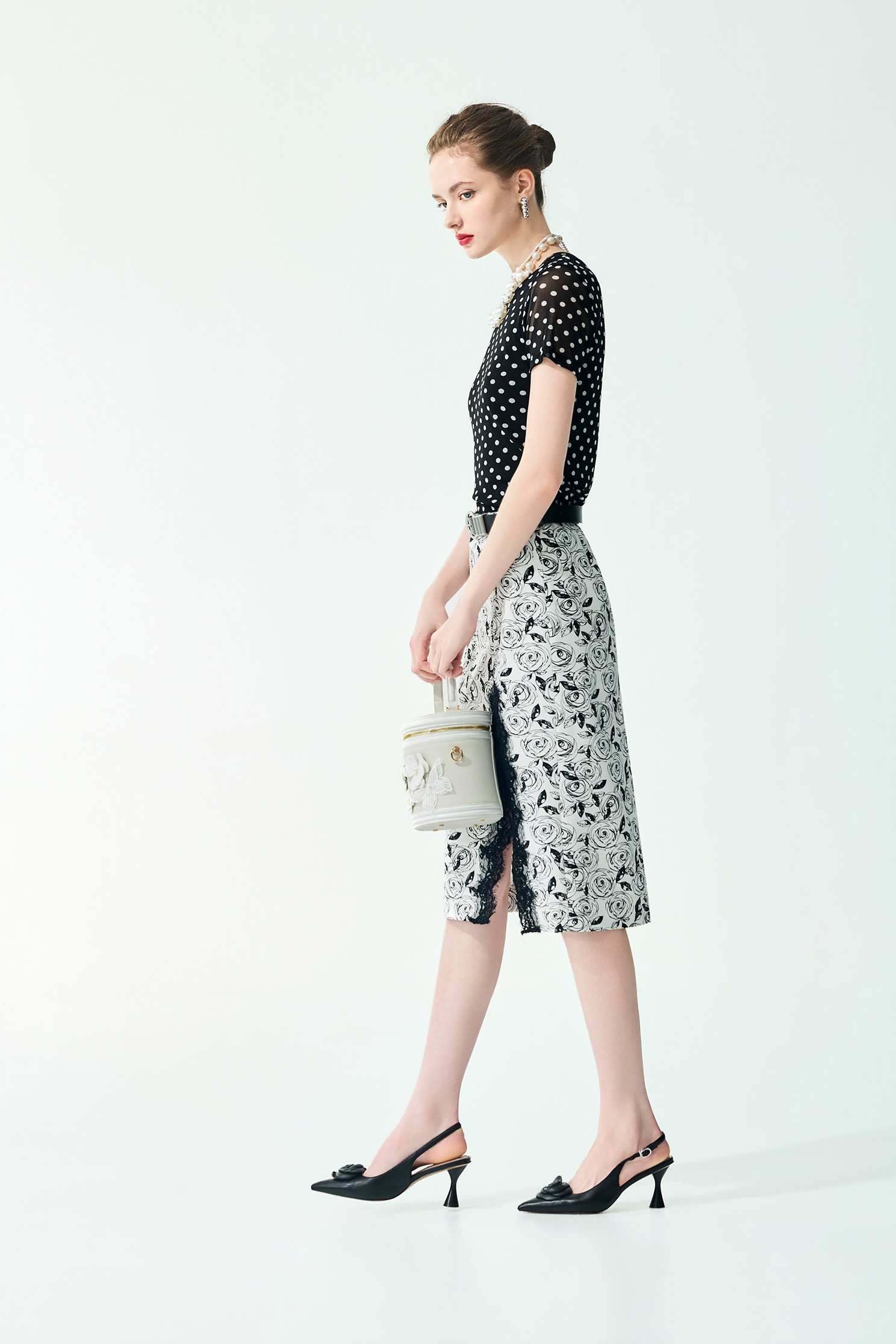 Rose Print Lace Detail Pencil SkirtRose Print Lace Detail Pencil Skirt,Season (SS) Look,Lace,Midi skirts