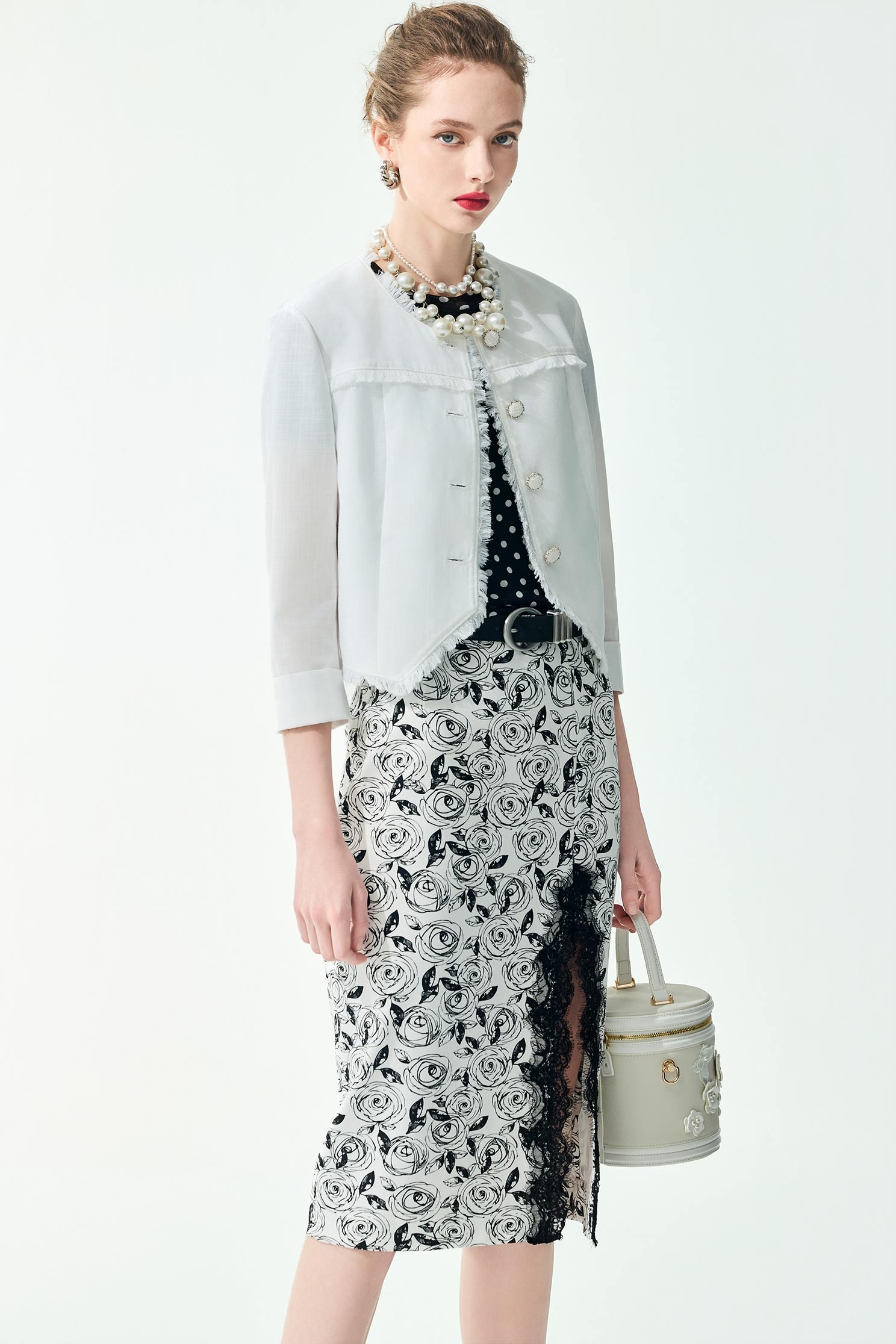 Rose Print Lace Detail Pencil SkirtRose Print Lace Detail Pencil Skirt,Season (SS) Look,Lace,Midi skirts