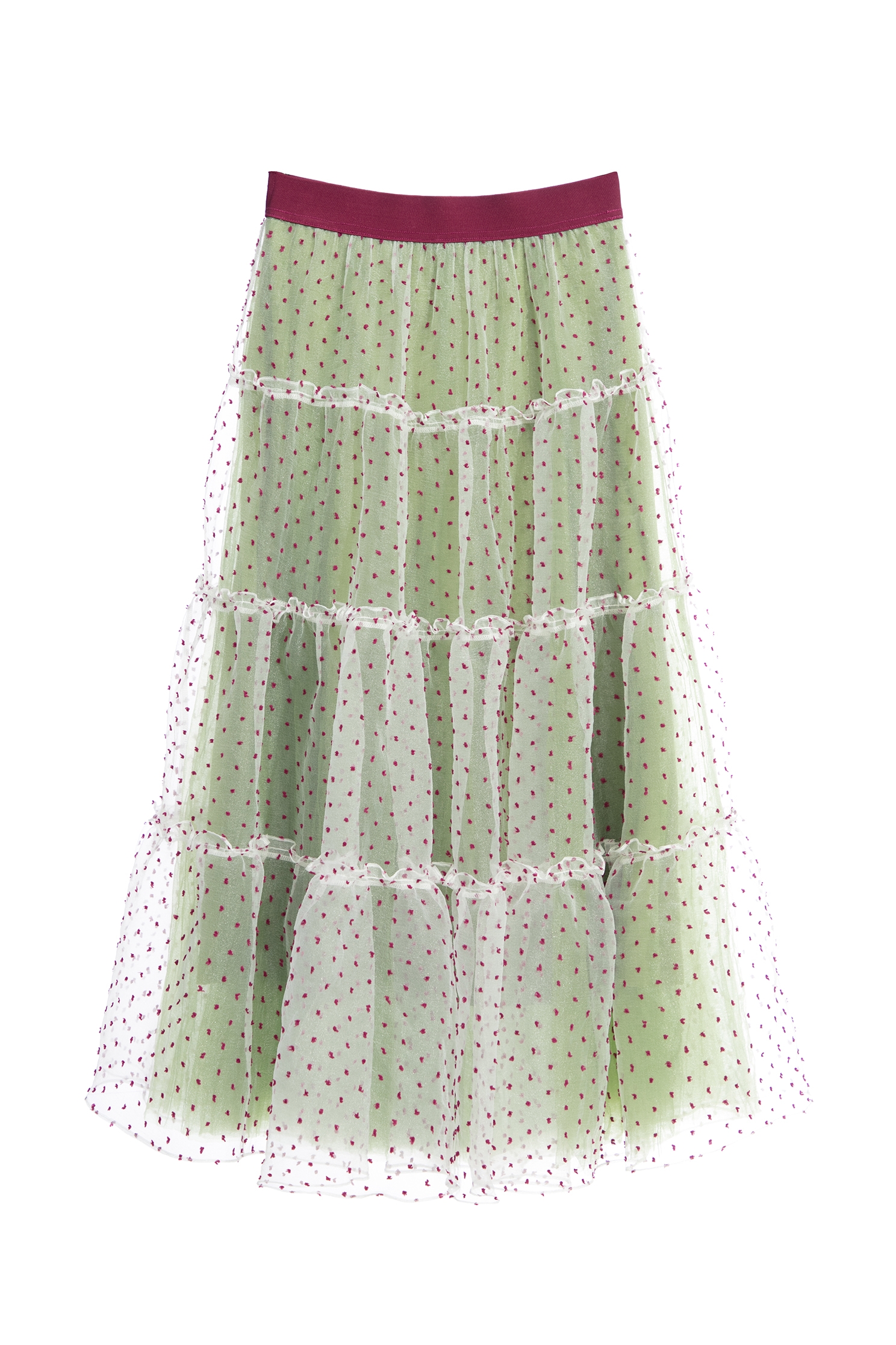 Red Dotted Mesh Tiered SkirtRed Dotted Mesh Tiered Skirt,Season (AW) Look,Layered skirts,Midi skirts