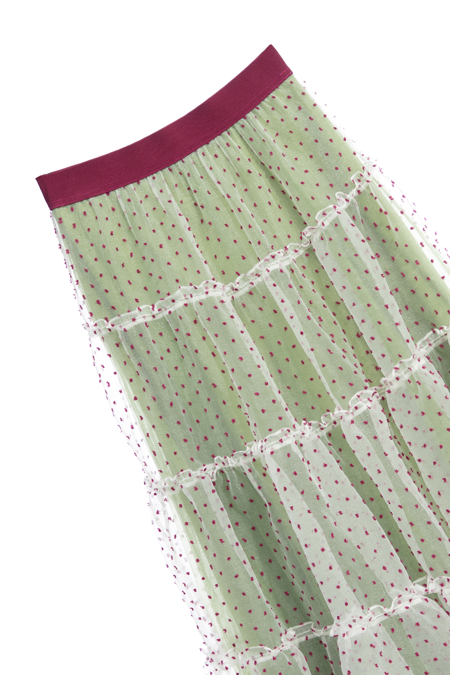 Red Dotted Mesh Tiered SkirtRed Dotted Mesh Tiered Skirt,Season (AW) Look,Layered skirts,Midi skirts