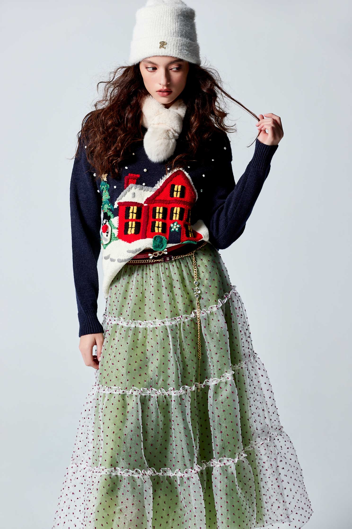 Red Dotted Mesh Tiered SkirtRed Dotted Mesh Tiered Skirt,Season (AW) Look,Layered skirts,Midi skirts