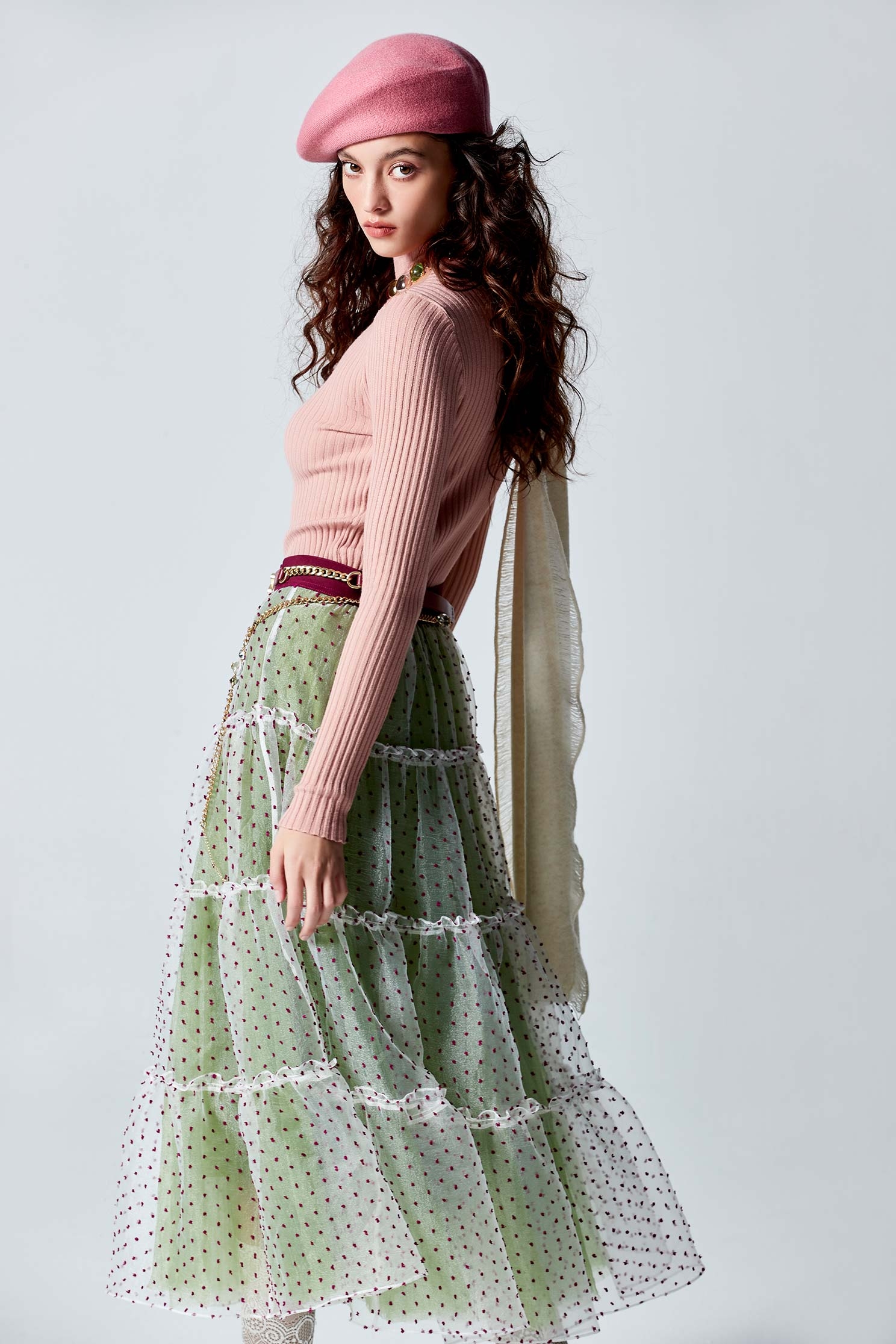 Red Dotted Mesh Tiered SkirtRed Dotted Mesh Tiered Skirt,Season (AW) Look,Layered skirts,Midi skirts