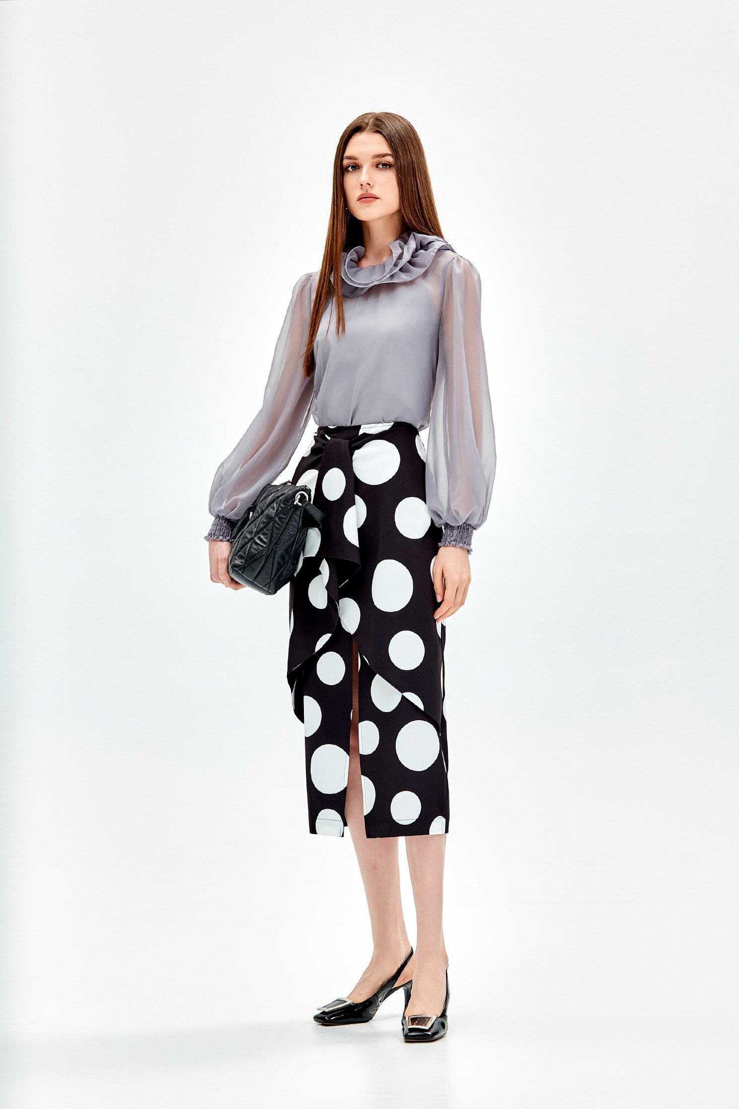 Polka Dot Tie Front Layer SkirtPolka Dot Tie Front Layer Skirt,Season (AW) Look,Midi skirts