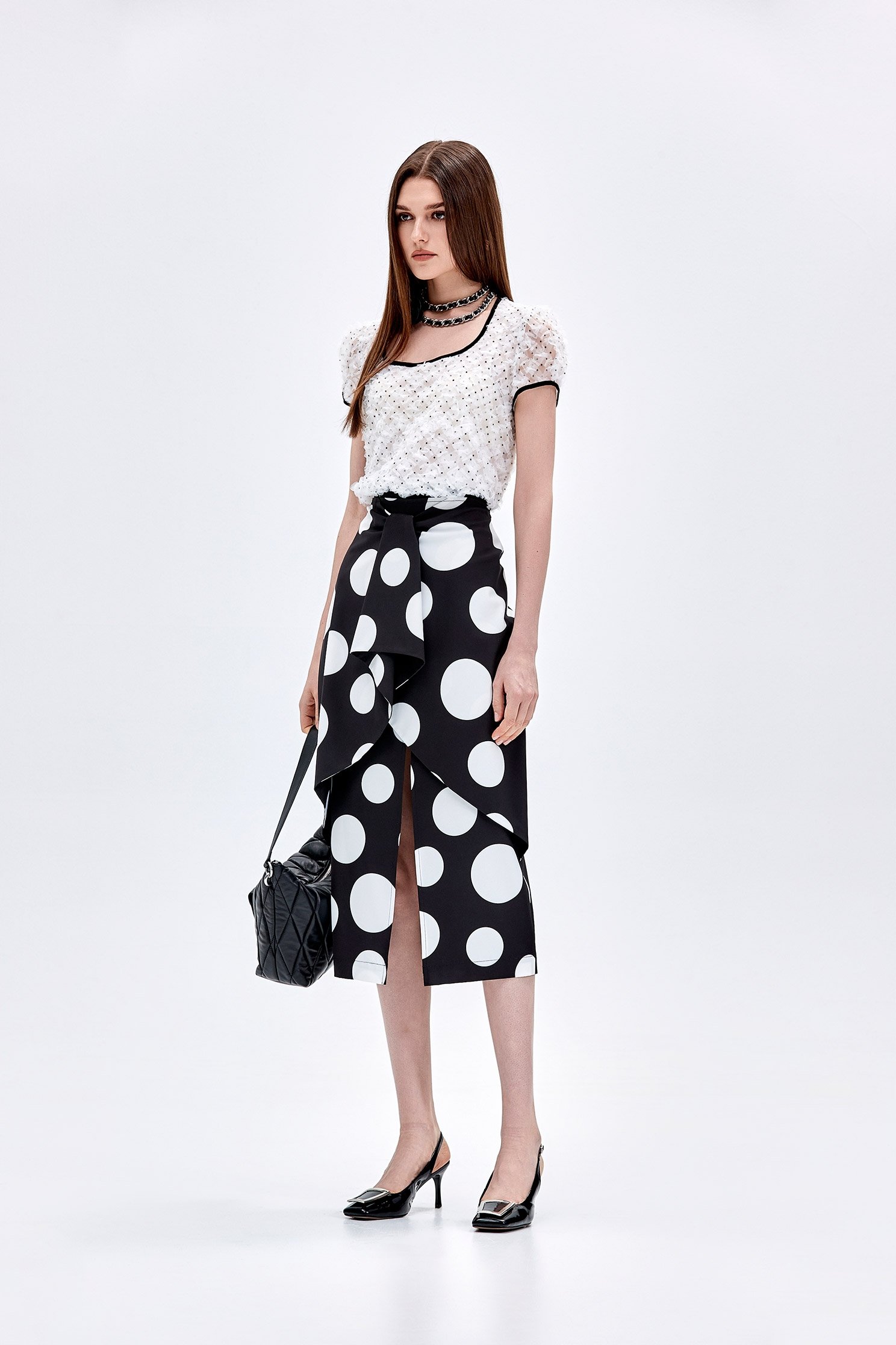 Polka Dot Tie Front Layer SkirtPolka Dot Tie Front Layer Skirt,Season (AW) Look,Midi skirts