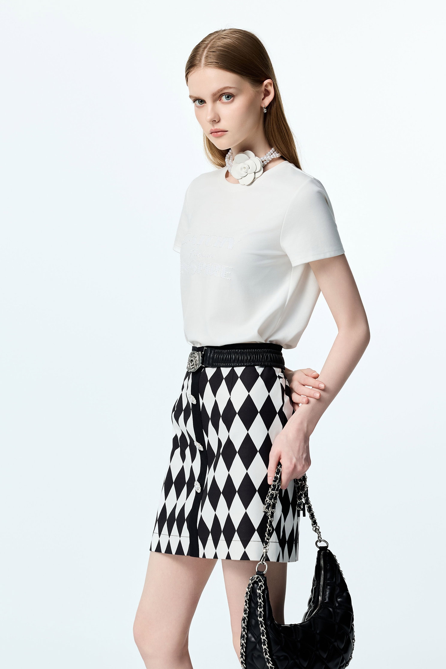 Black White Diamond Print SkirtBlack White Diamond Print Skirt,Plaid,pearl,Mini skirts,Season (AW) Look