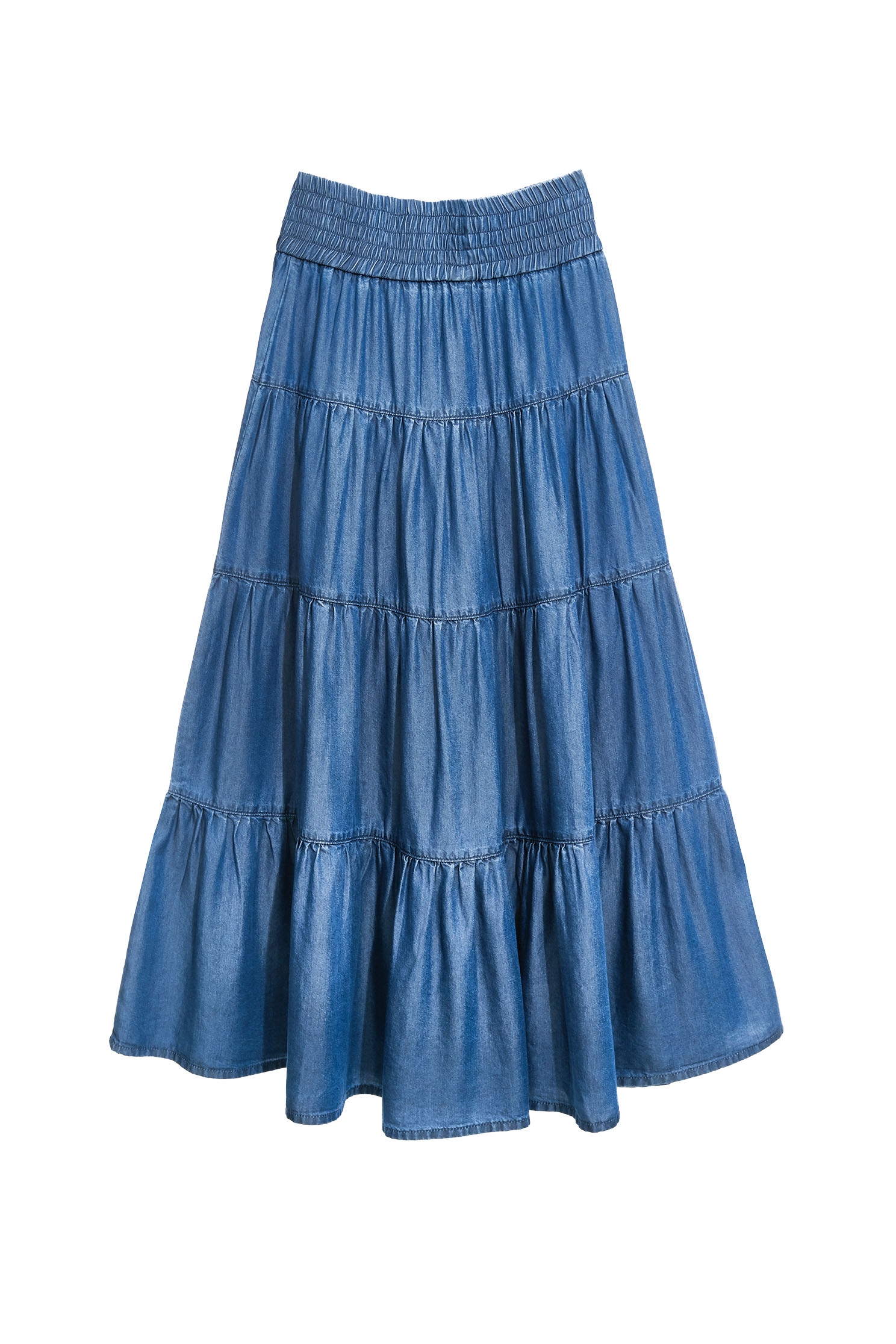 Soft Denim Tiered Maxi SkirtSoft Denim Tiered Maxi Skirt,Season (SS) Look,Denim,Denim skirts