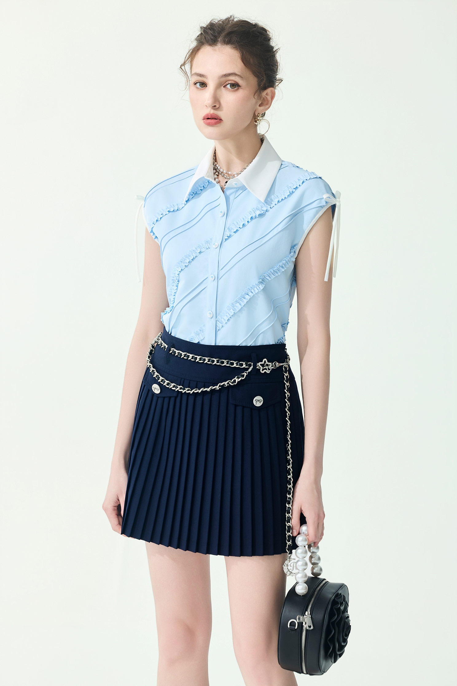 Pleated Navy Short Skirt,Season (SS) Look,Mini skirts,bows