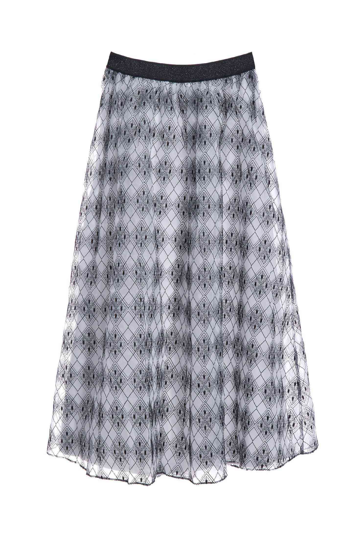 Black White Diamond Print SkirtEmbroidey organza long skirt,Embroidered,Queen,Season (SS) Look,Midi skirts
