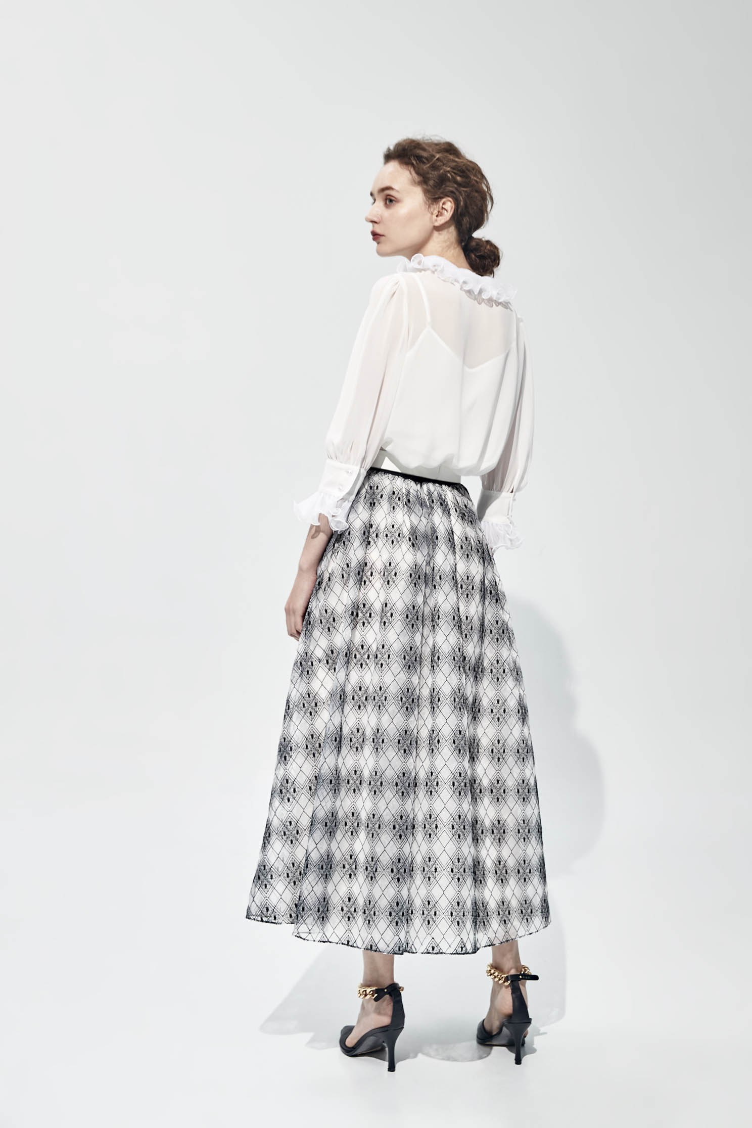Black White Diamond Print SkirtEmbroidey organza long skirt,Embroidered,Queen,Season (SS) Look,Midi skirts