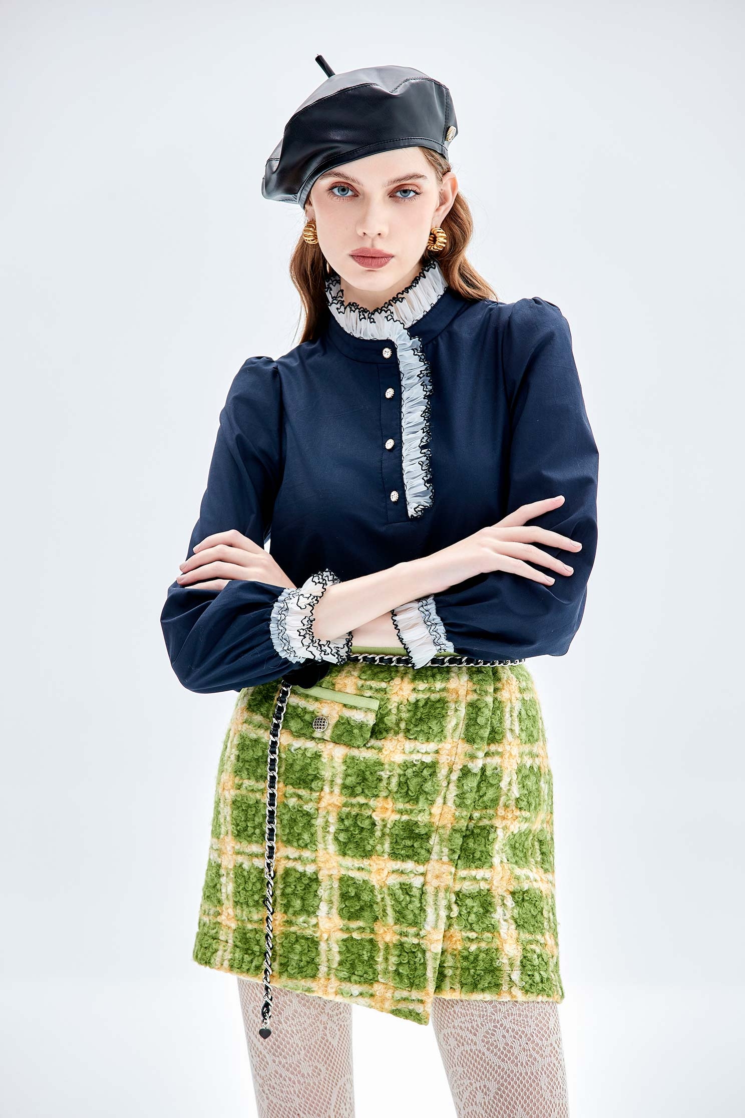 Green Checkered Front Panel SkirtGreen Checkered Front Panel Skirt,Plaid,Mini skirts,Shorts,Season (AW) Look,Pencil skirts
