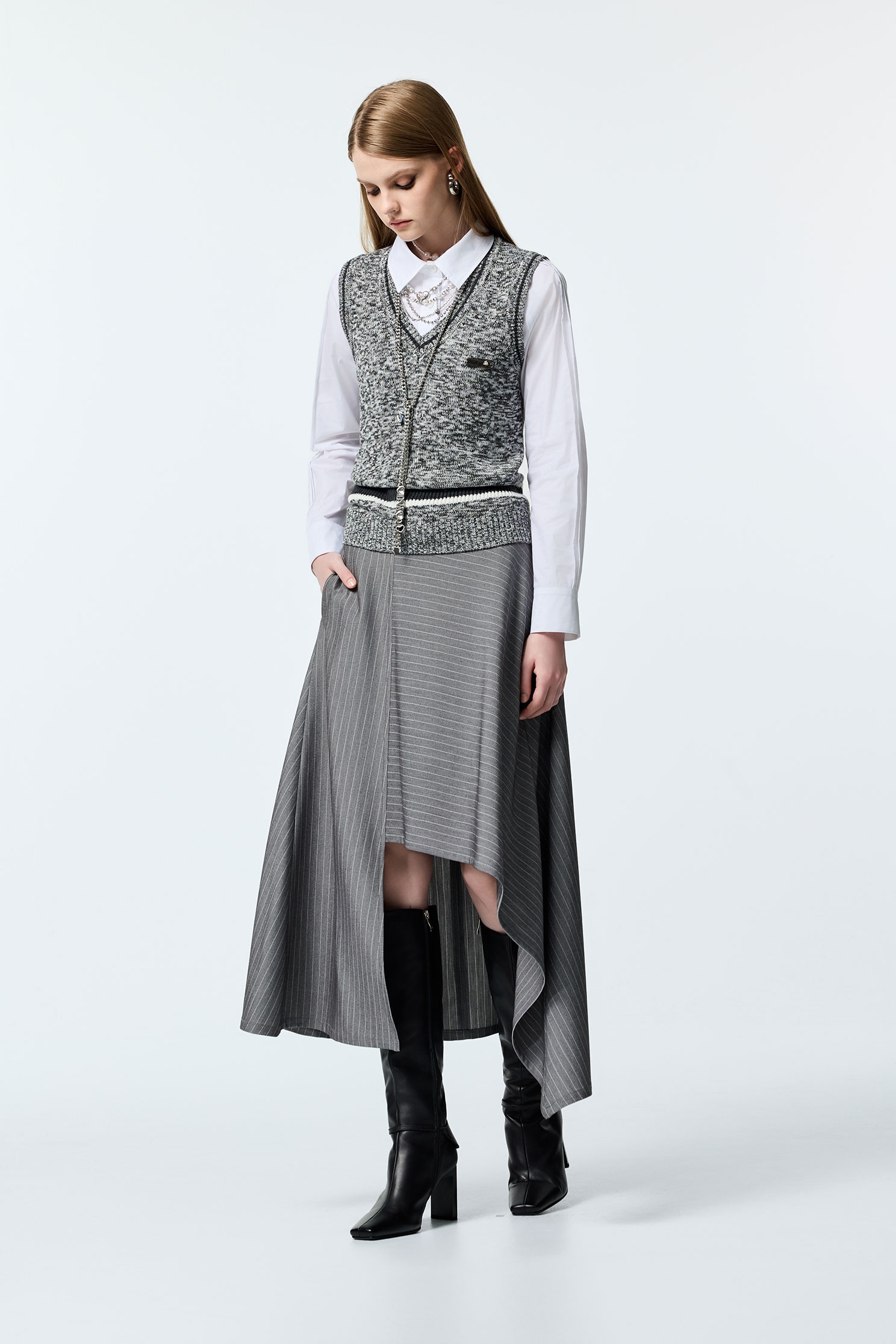 Pinstripe Asymmetric Long SkirtPinstripe Asymmetric Long Skirt,Stripe,Season (AW) Look,Midi skirts