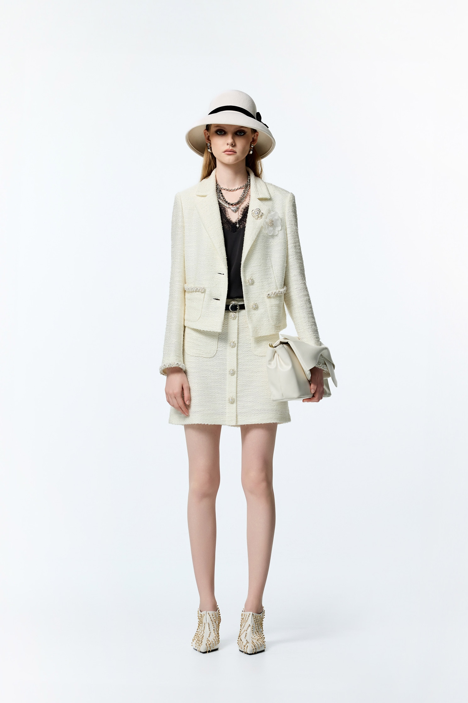 Off White Tweed SkirtOff White Tweed Skirt,pearl,White skirts,Mini skirts,Season (AW) Look