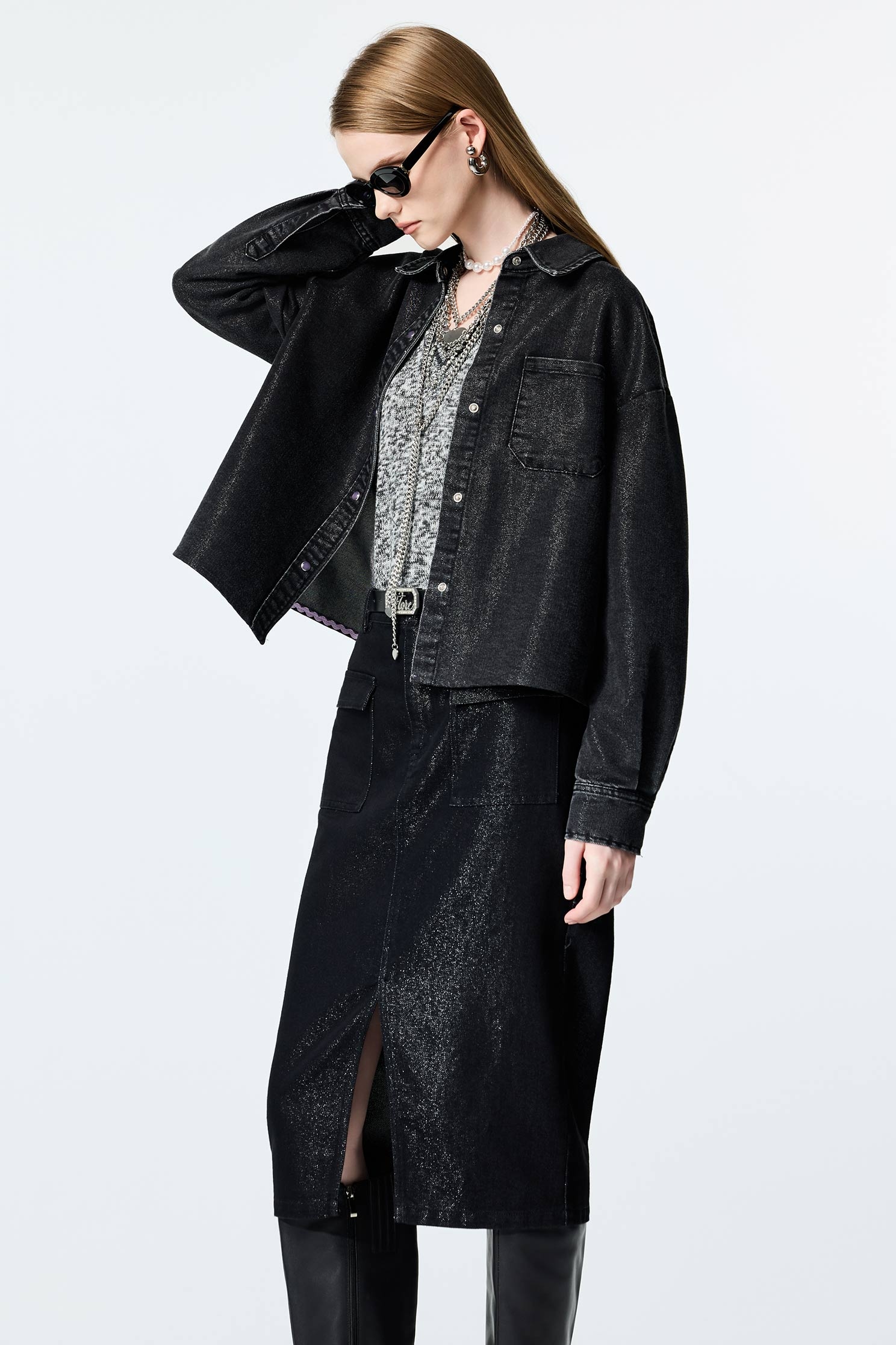 Metallic Sheen Denim skirtMetallic Sheen Denim skirt,Denim,Denim skirts,Season (AW) Look