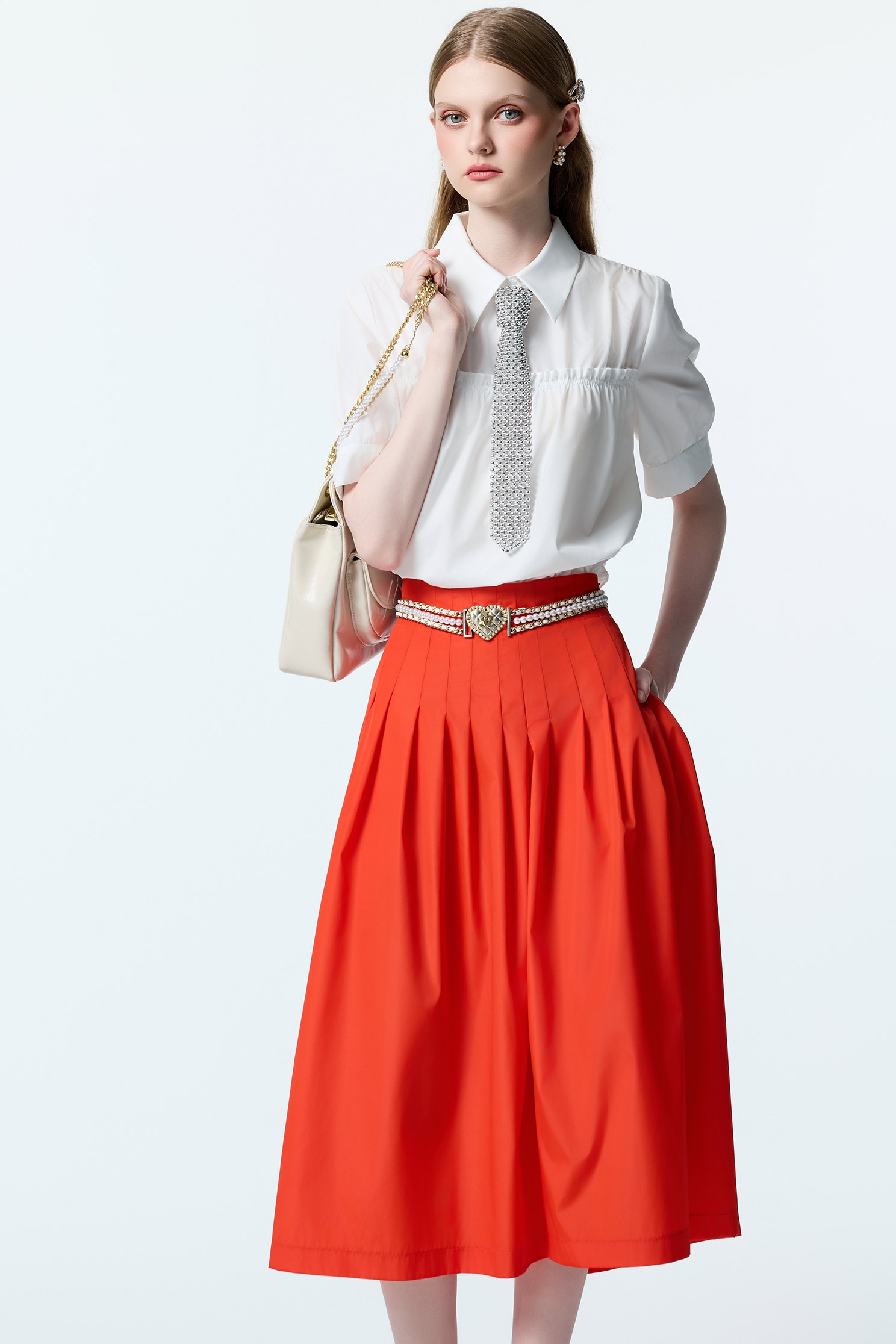 Reddish Orange Pleated SkirtReddish Orange Pleated Skirt,Season (AW) Look,Midi skirts
