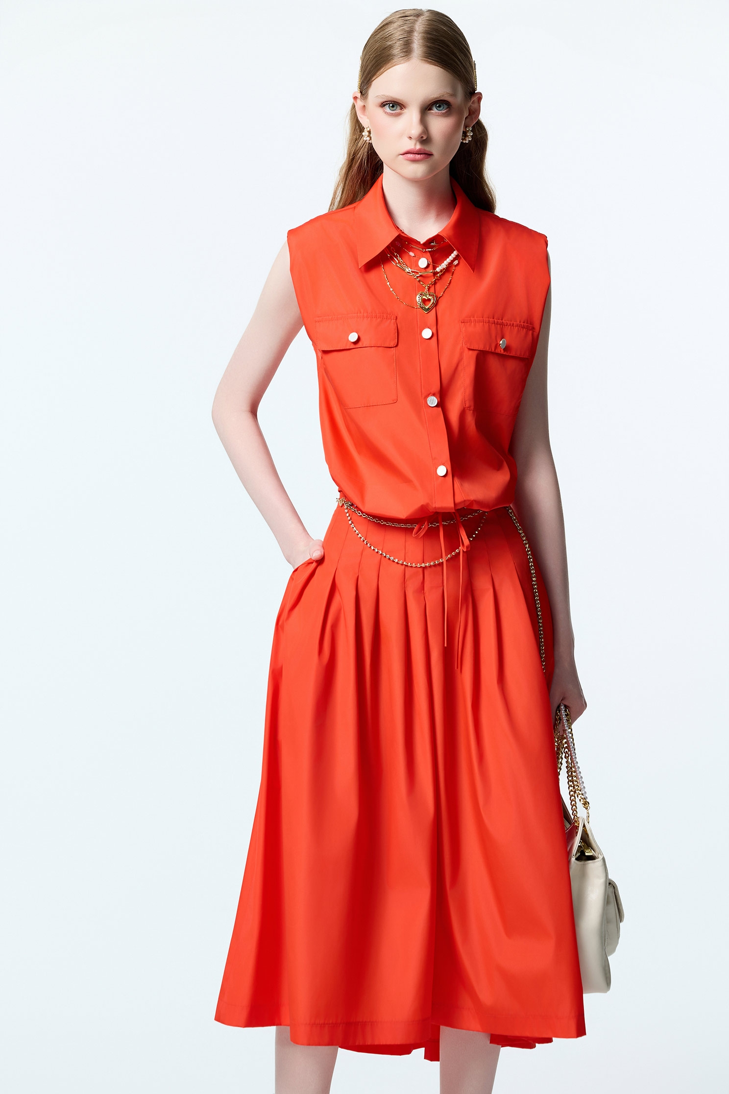 Reddish Orange Pleated SkirtReddish Orange Pleated Skirt,Season (AW) Look,Midi skirts