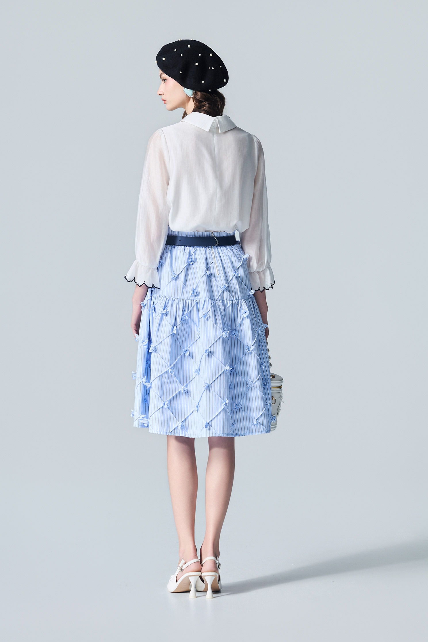 Ice Blue Stripe 3-D Floral Midi SkirtIce Blue Stripe 3-D Floral Midi Skirt,Plaid,Season (AW) Look,Midi skirts