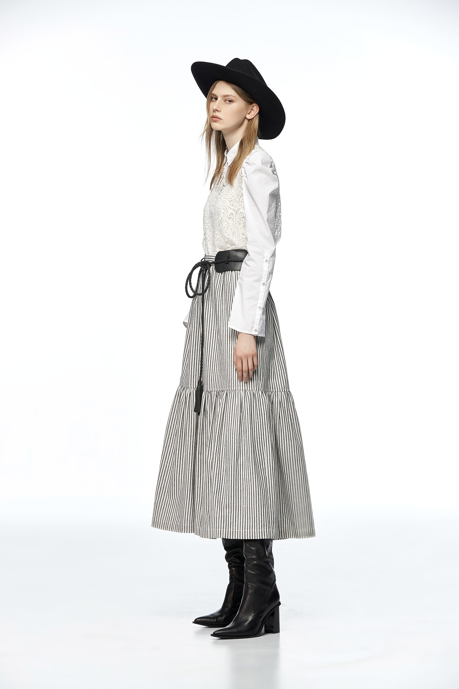 Stripe Tiered Midi SkirtBelted long skirt,Queen,Stripe,Belts,Season (AW) Look,Midi skirts