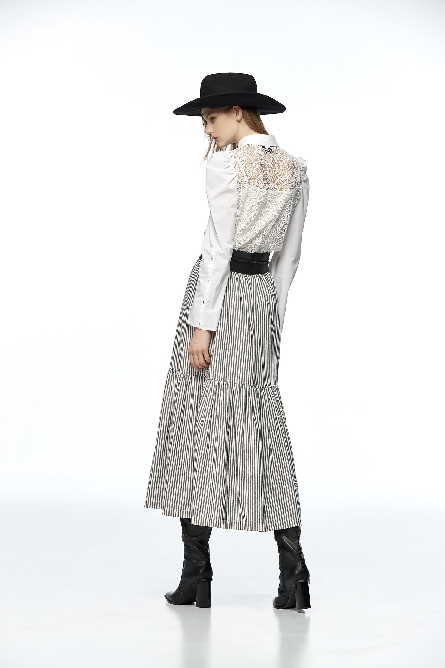 Stripe Tiered Midi SkirtBelted long skirt,Queen,Stripe,Belts,Season (AW) Look,Midi skirts