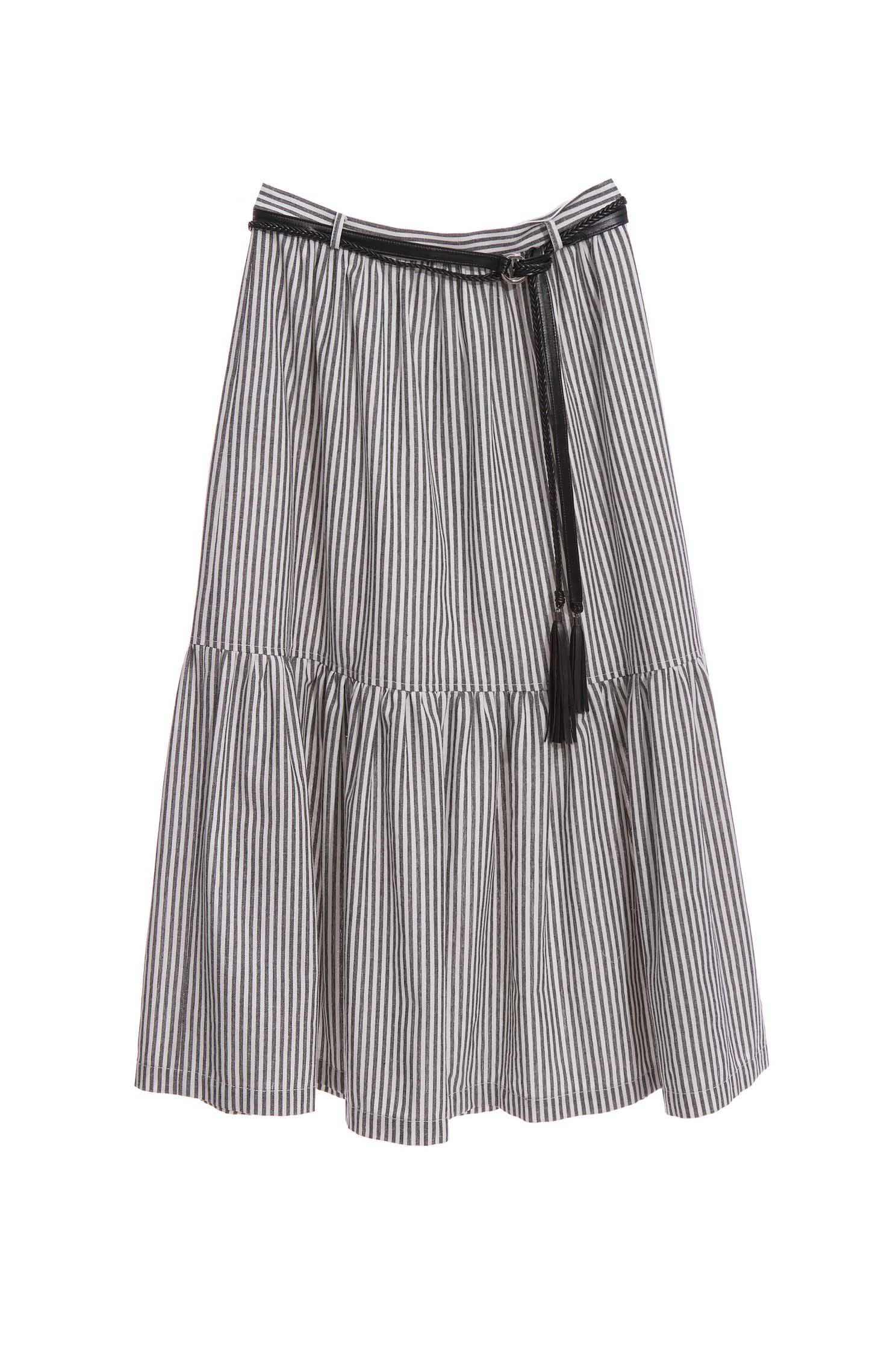 Stripe Tiered Midi SkirtBelted long skirt,Queen,Stripe,Belts,Season (AW) Look,Midi skirts