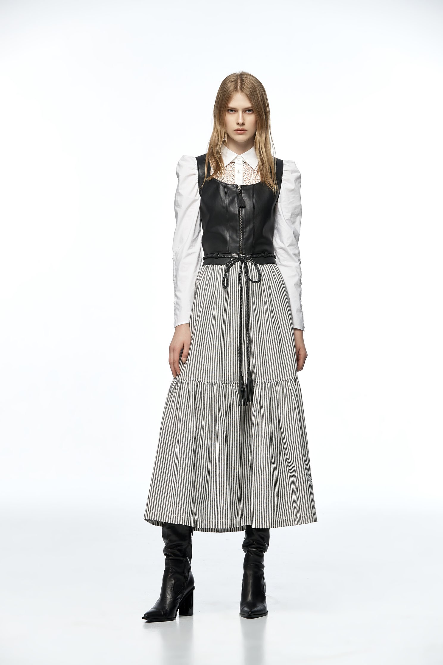 Stripe Tiered Midi SkirtBelted long skirt,Queen,Stripe,Belts,Season (AW) Look,Midi skirts