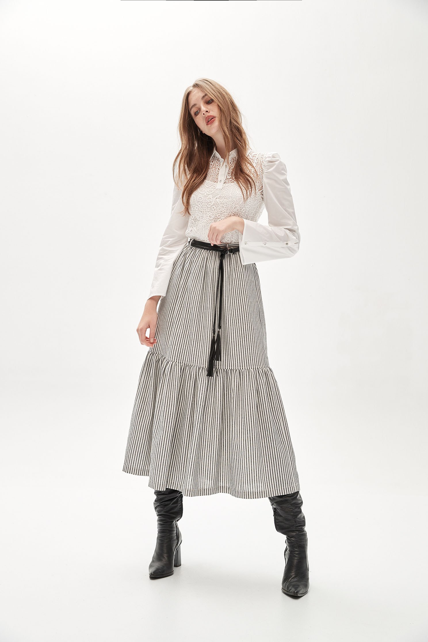 Stripe Tiered Midi SkirtBelted long skirt,Queen,Stripe,Belts,Season (AW) Look,Midi skirts