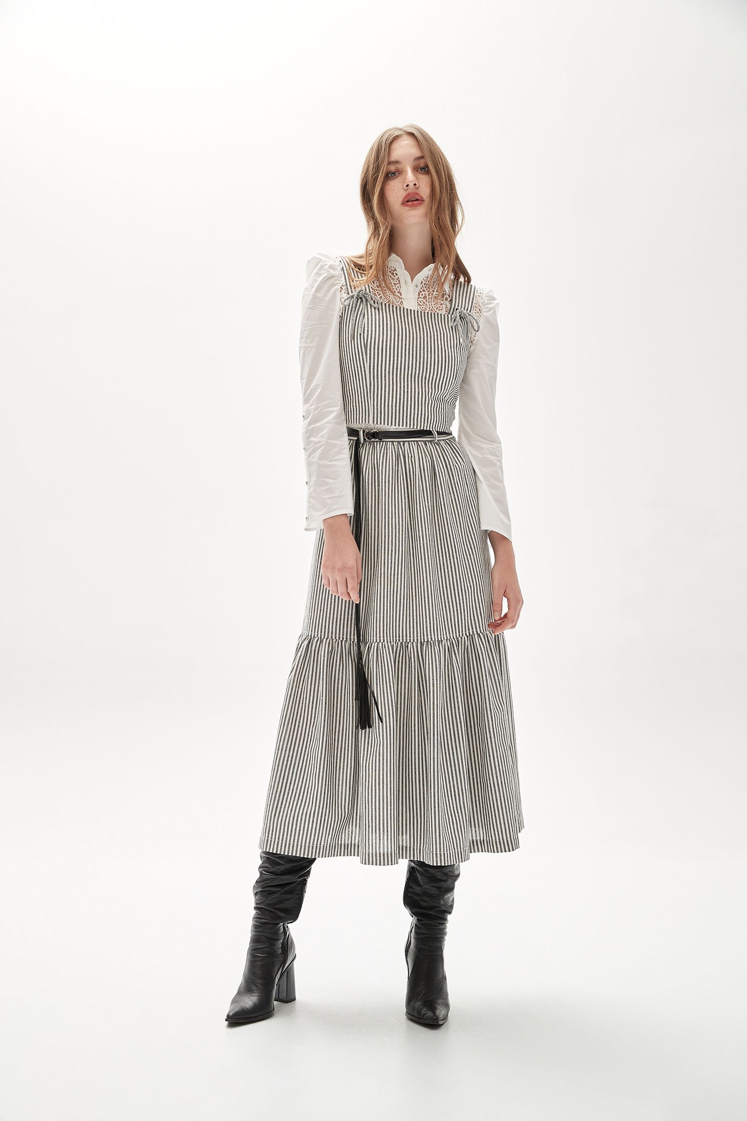 Stripe Tiered Midi SkirtBelted long skirt,Queen,Stripe,Belts,Season (AW) Look,Midi skirts