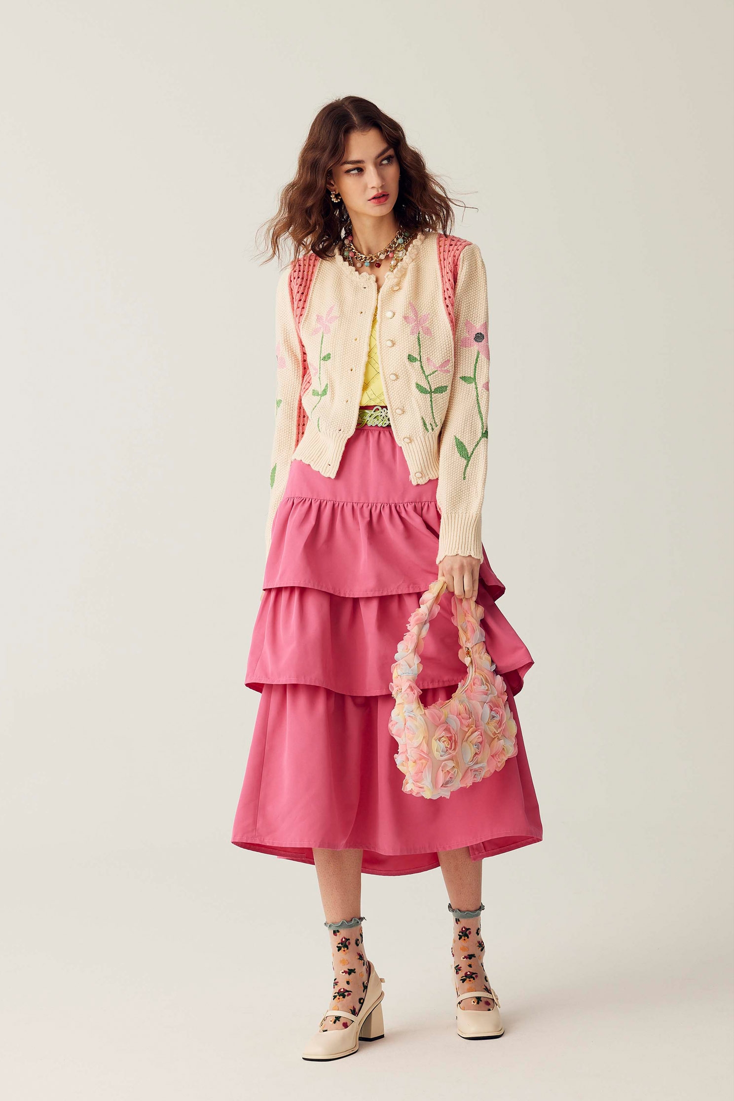 Pink Tiered Midi SkirtPink Tiered Midi Skirt,Season (SS) Look,Layered skirts