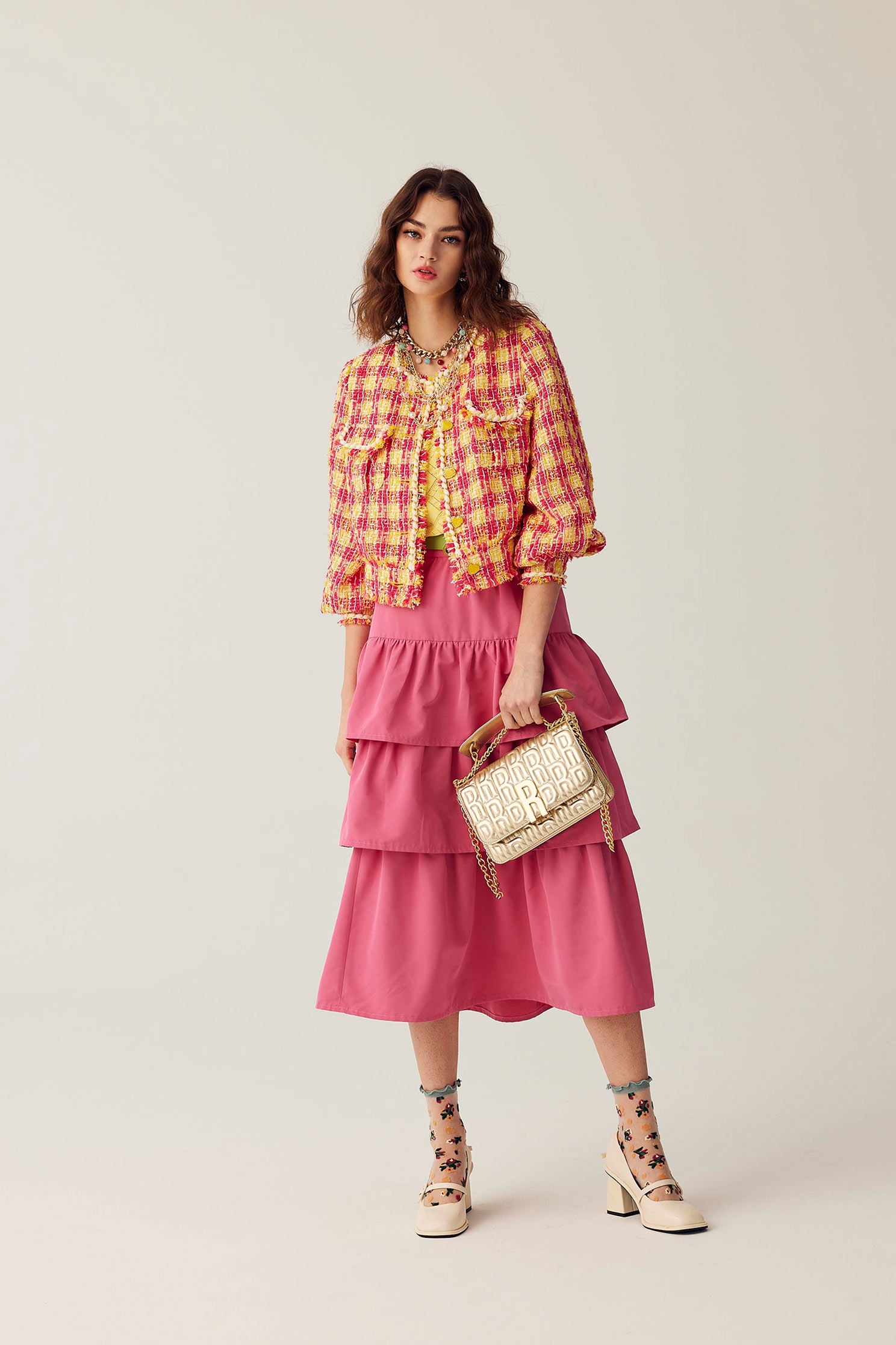 Pink Tiered Midi SkirtPink Tiered Midi Skirt,Season (SS) Look,Layered skirts