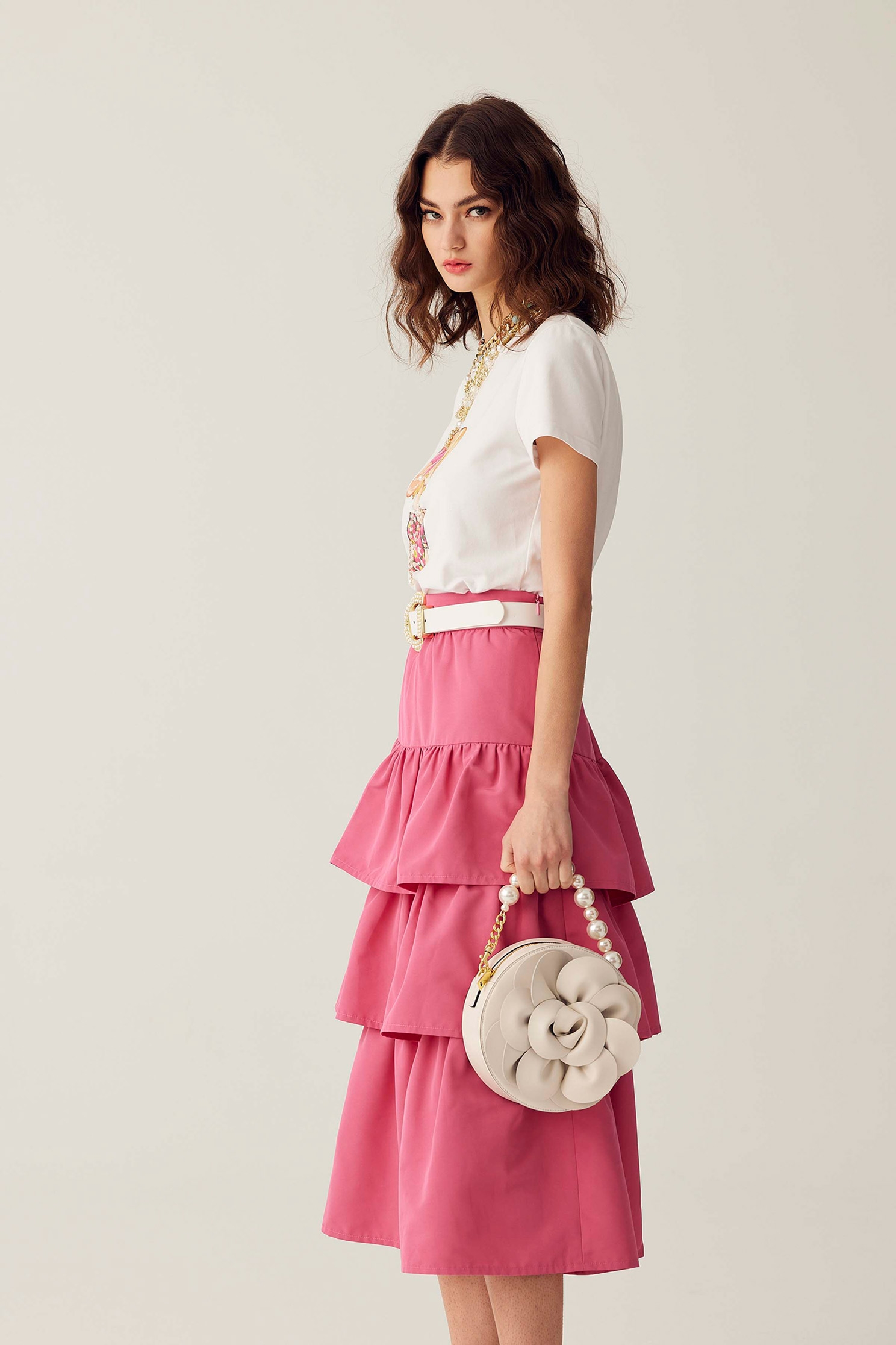 Pink Tiered Midi SkirtPink Tiered Midi Skirt,Season (SS) Look,Layered skirts